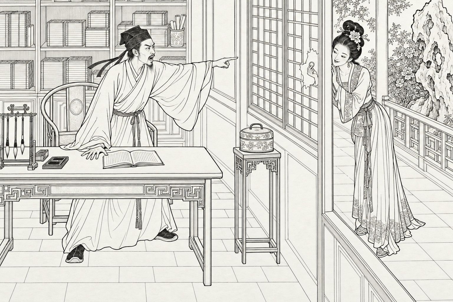 A line drawing in the manner of a late-Qing lithographed edition: in a squire's study, an indignant scholar-tutor half rises behind his desk with his mouth open in a shout, one palm on the desk and the other arm flung out toward the window; outside it on the veranda a young woman leans against the frame and holds up a small ring beside a hole torn in the paper pane; a lidded round food-box stands on a stand between them.
