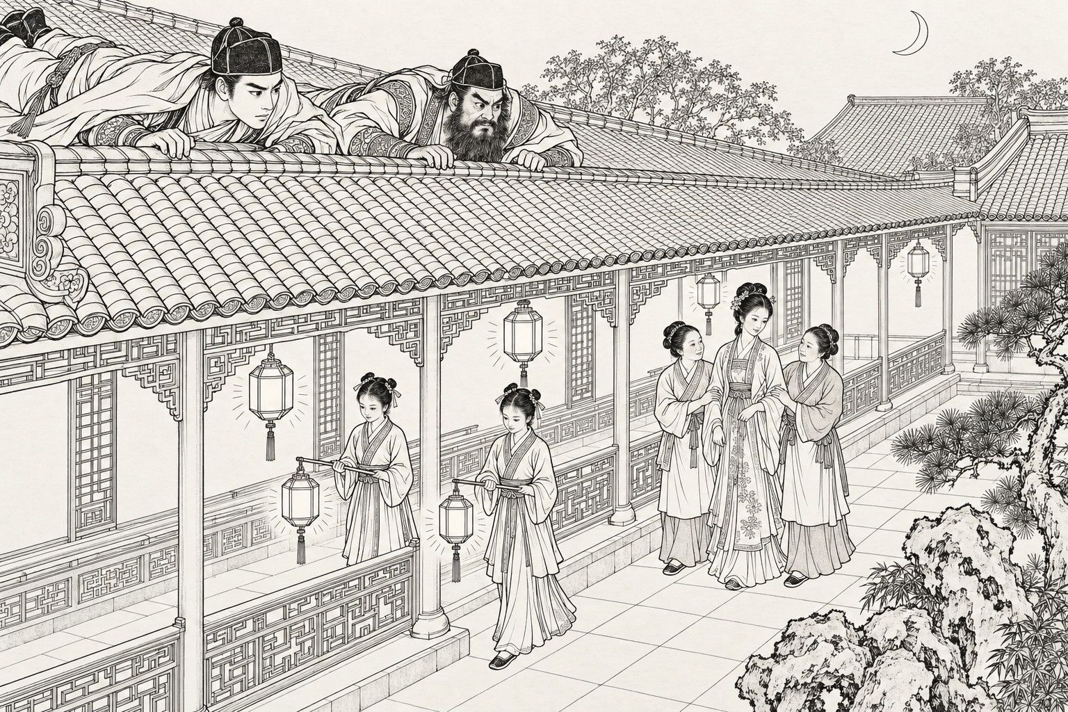 仿清末石印本的線描：夜裡，一位虯髯好漢和一位年輕好漢穿著武士裝，趴在瓦頂上，頭探出屋脊往下看；下面是掛著點亮燈籠的花格迴廊，兩個丫鬟提著燈籠在前引路，一位穿繡花衣裙的小姐由兩旁的僕婦攙扶著走；右邊有松樹、假山石和一彎月牙。
