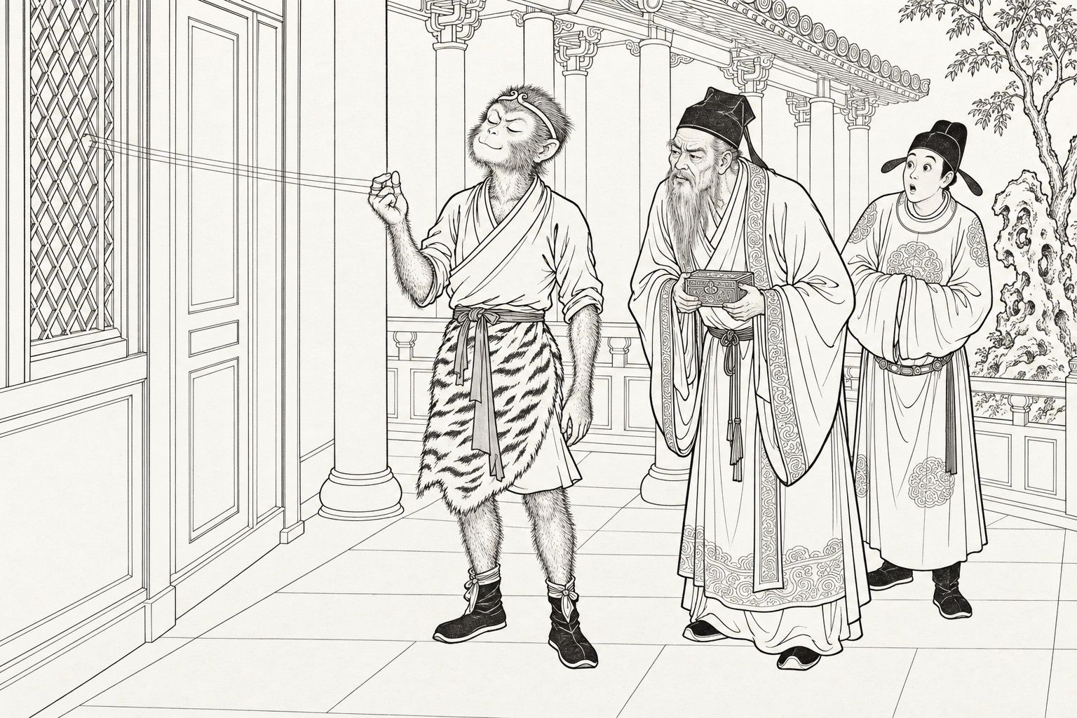 A line drawing in the manner of a late-Qing lithographed edition: on the veranda outside a bedchamber, Sun Wukong stands with his eyes shut and a smug half-smile, three fine threads from the window lattice wound round the fingers of his raised hand; a grey-bearded physician holding a medicine box eyes his fingers doubtfully, and a young attendant behind him stares in wonder.