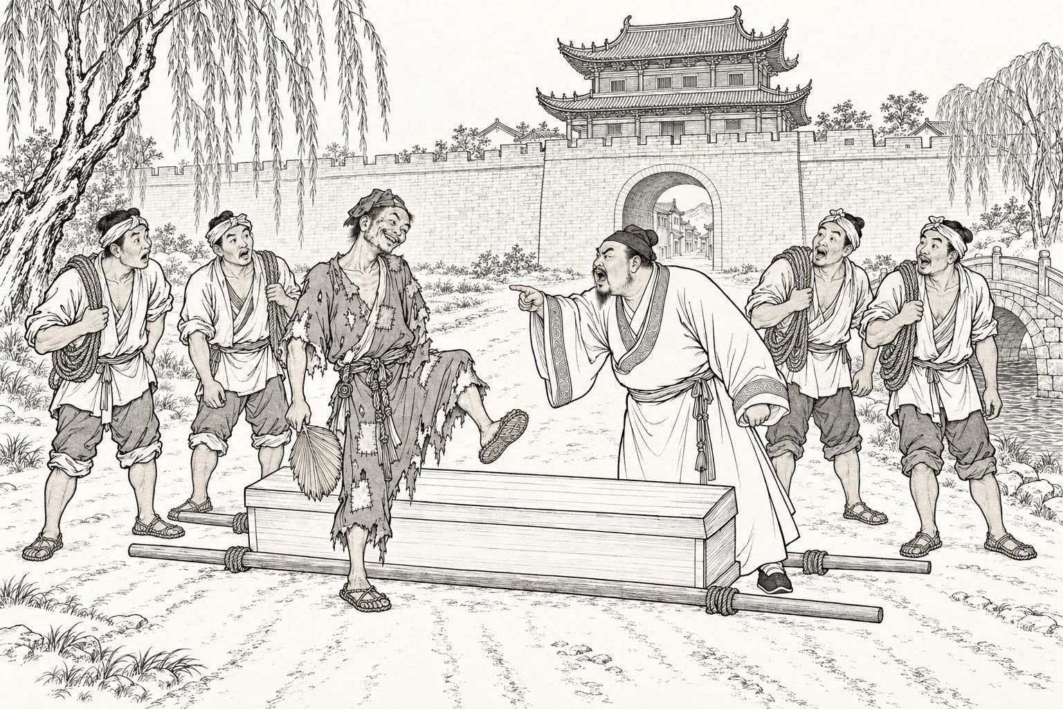 A line drawing in the manner of a late-Qing lithographed edition: on a road before a town gate with willows and an arched bridge, four bearers in head-cloths with coiled ropes stand around a new empty coffin laid across two poles; a ragged monk with a palm-leaf fan raises one foot as if to kick it, grinning, while a plump shopkeeper in a long robe leans in, red-faced, and shakes a finger at him; the bearers look on startled.