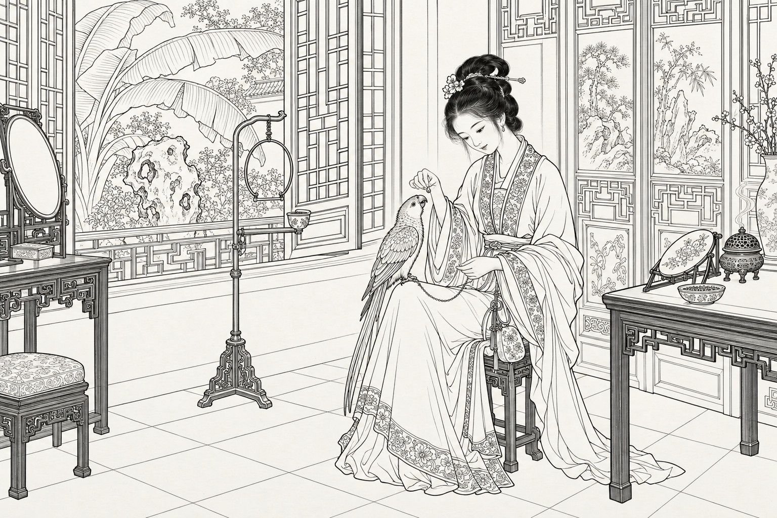 A line drawing in the manner of a late-Qing lithographed edition: in an upstairs room with a lattice window onto banana leaves and a garden rock, a young woman with an ornamented bun, seated on a stool, holds a pinch of seed between her fingertips and looks down tenderly at a parrot perched on her knee with a fine chain round its foot; a stand with a seed cup, a dressing table with a round mirror and a side table with an incense burner stand about the room.