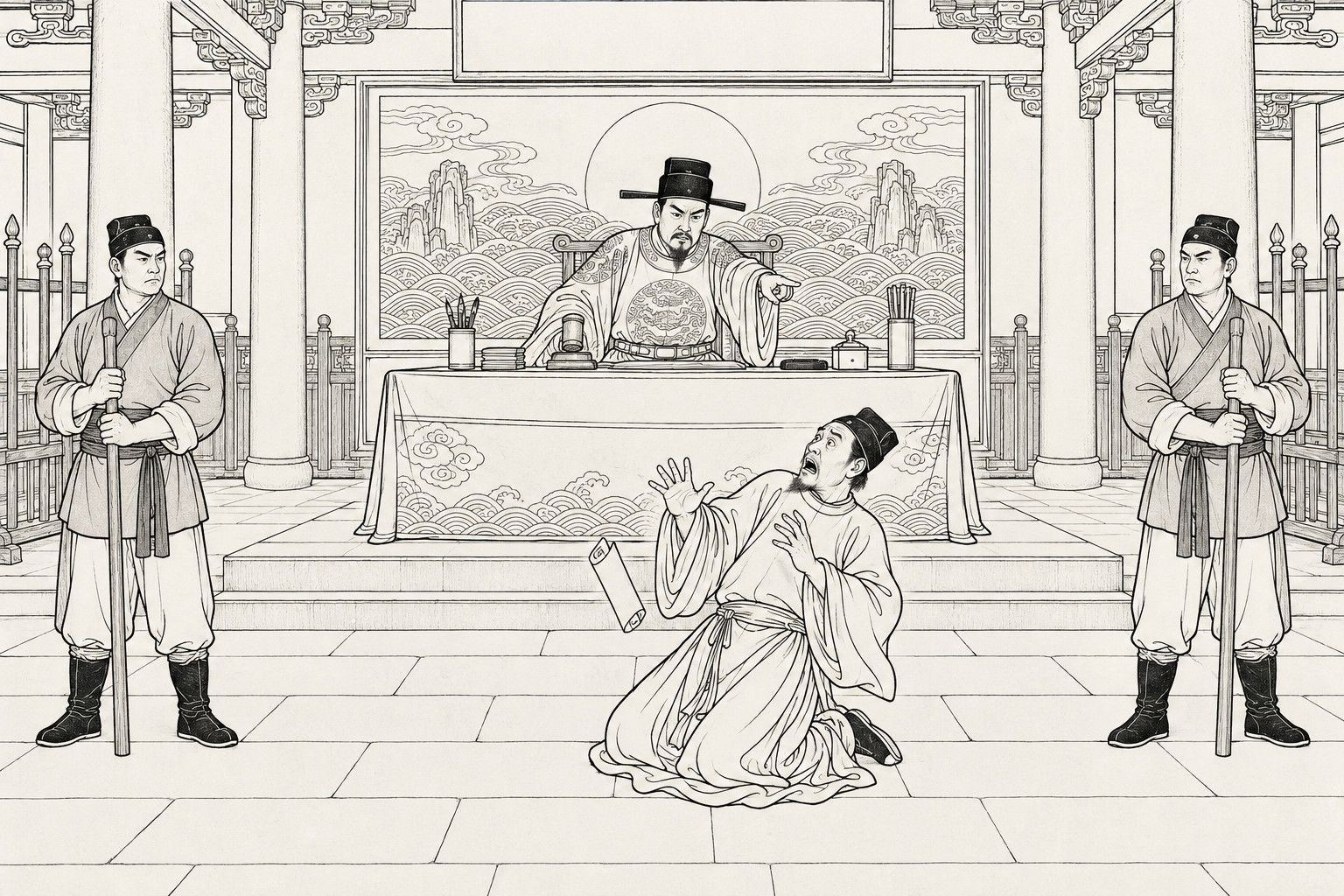 A line drawing in the manner of a late-Qing lithographed edition: in a county court hall, the magistrate behind the bench points sternly at the steward kneeling below, who throws up his hands in terror and drops a rolled petition, while two runners with tall staves stand rigid on either side.