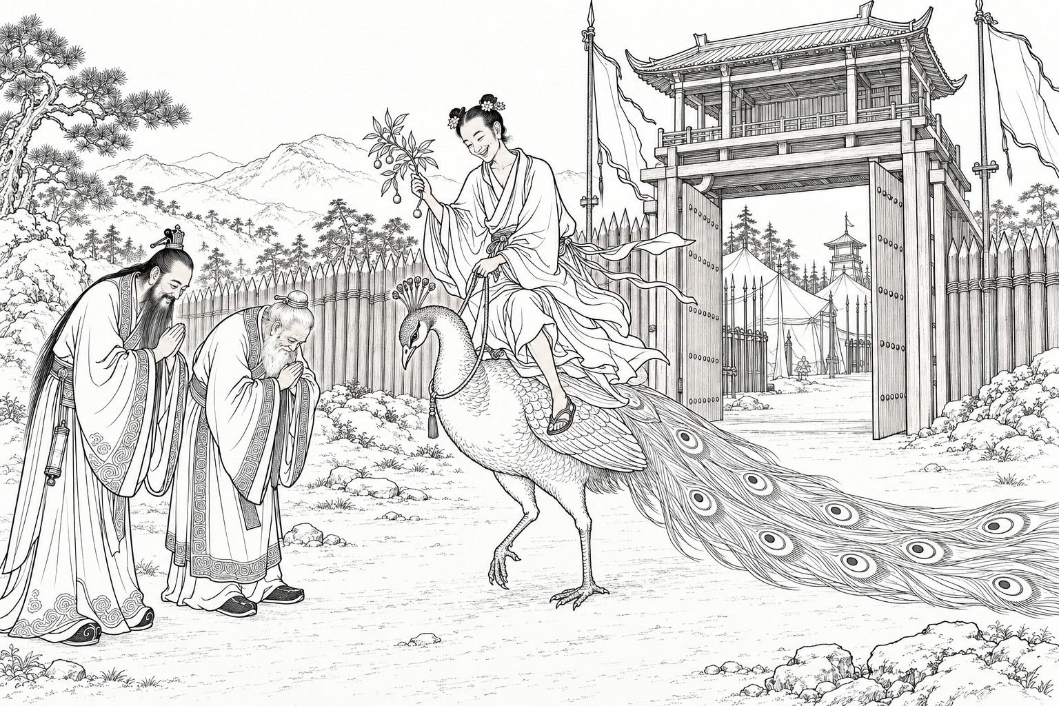 仿清末石印本的線描:周營的營門前,笑著的準提道人側坐在一隻大孔雀背上,手持一枝掛著圓珠的樹枝,孔雀頸下繫著絲絛;姜子牙和燃燈道人站在前面合十躬身。