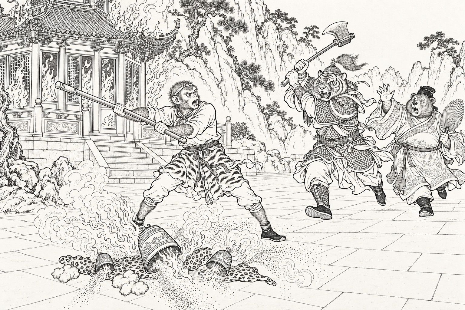 A line drawing in the manner of a late-Qing lithographed edition: before a burning pavilion, Sun Wukong swings his iron staff, his legs apart, over three golden bells that lie spilled from a leopard-skin cloth and spew flames, smoke and sand; a tiger-headed general in armour charges in with a raised axe, and a bear-headed counsellor with a feather fan runs behind him with one hand flung up.