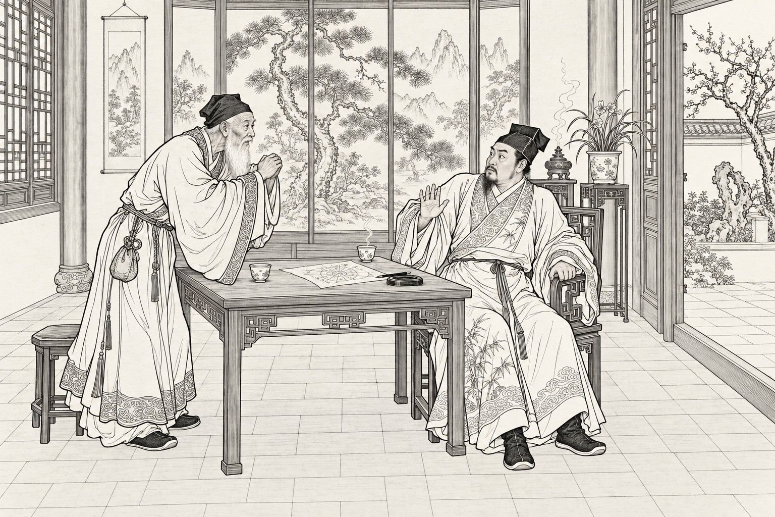 A line drawing in the manner of a late-Qing lithographed edition: in the daytime hall of a well-off household, a white-bearded old fortune-teller leans over a square table with his hands joined in a solemn salute, while the scholar seated opposite in an armchair draws back in alarm with one palm raised, a horoscope sheet and teacups between them, a pine-and-mountain screen behind and a plum-tree courtyard seen through the open doorway.
