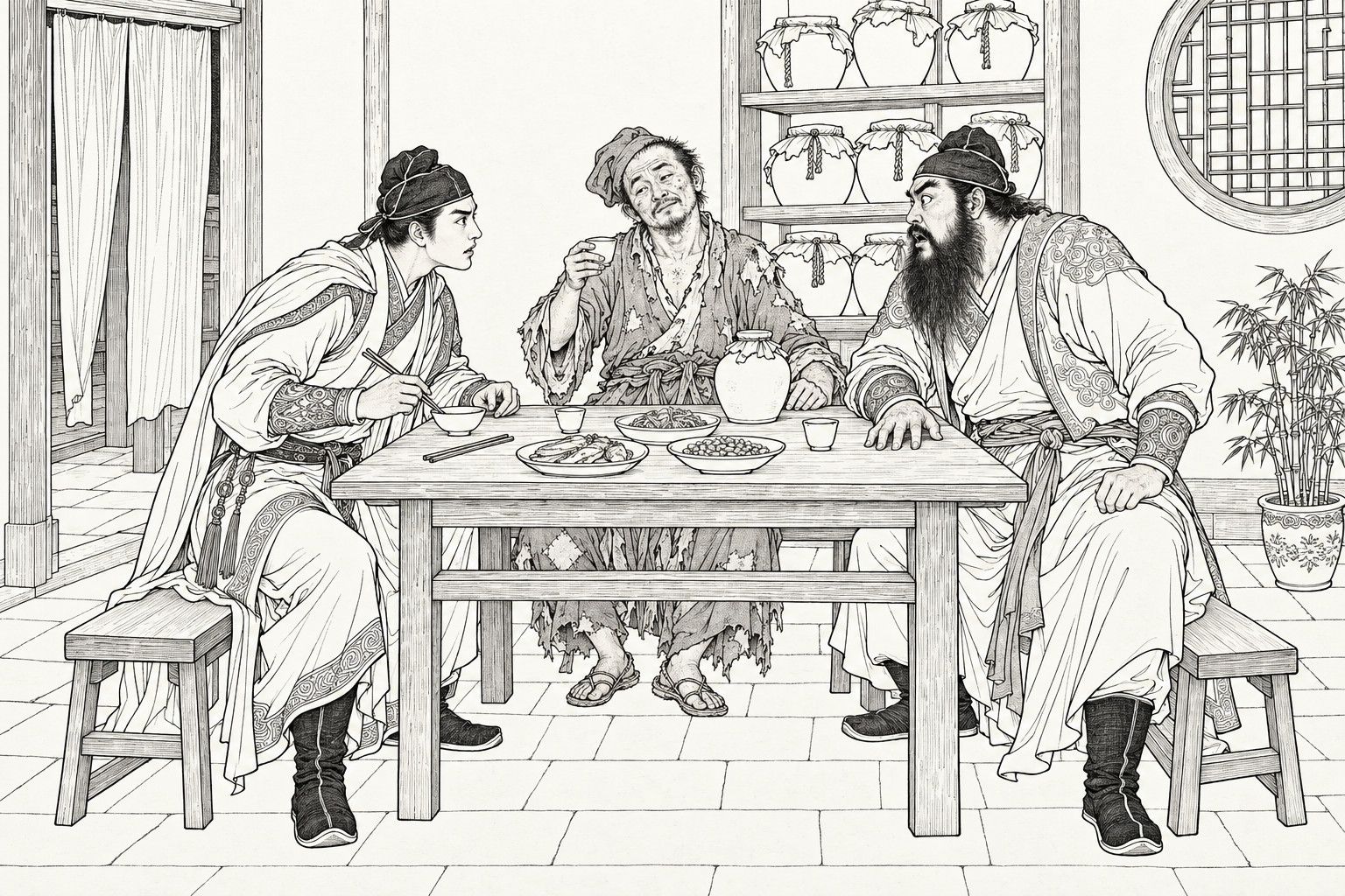 A line drawing in the manner of a late-Qing lithographed edition: in the back room of a wine shop with a curtained door, wine jars on a shelf and a round lattice window, a ragged monk sits between two young fighting men at a small table, a cup raised in one hand and a sorrowful half-smile on his face; the bearded man at the right stares at him, startled, with a hand on the table; the slim young man at the left, in a cloak with chopsticks in hand, frowns at him.
