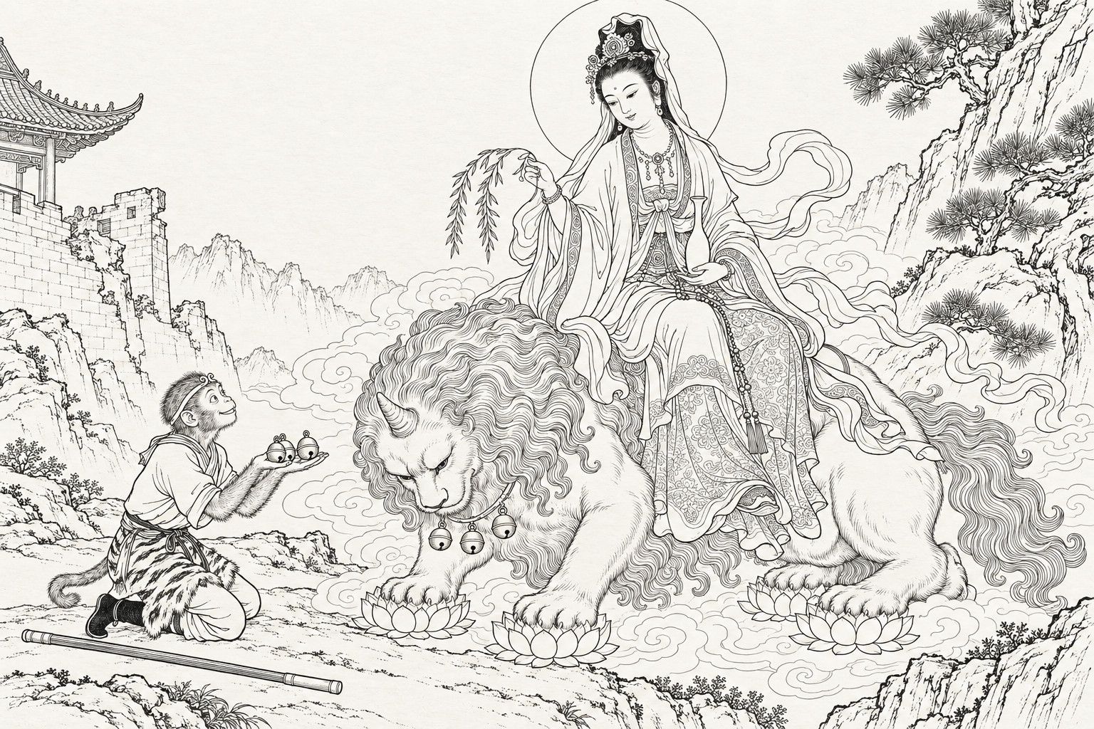 仿清末石印本的線描：山坡上斷牆之下，觀音側身坐在蹲伏的金毛犼背上，一手執柳枝，一手托淨瓶，犼項下掛著三隻金鈴，四爪下各開一朵蓮花；孫悟空跪在她面前，掌上托著鈴，鐵棒橫放在身旁地上。