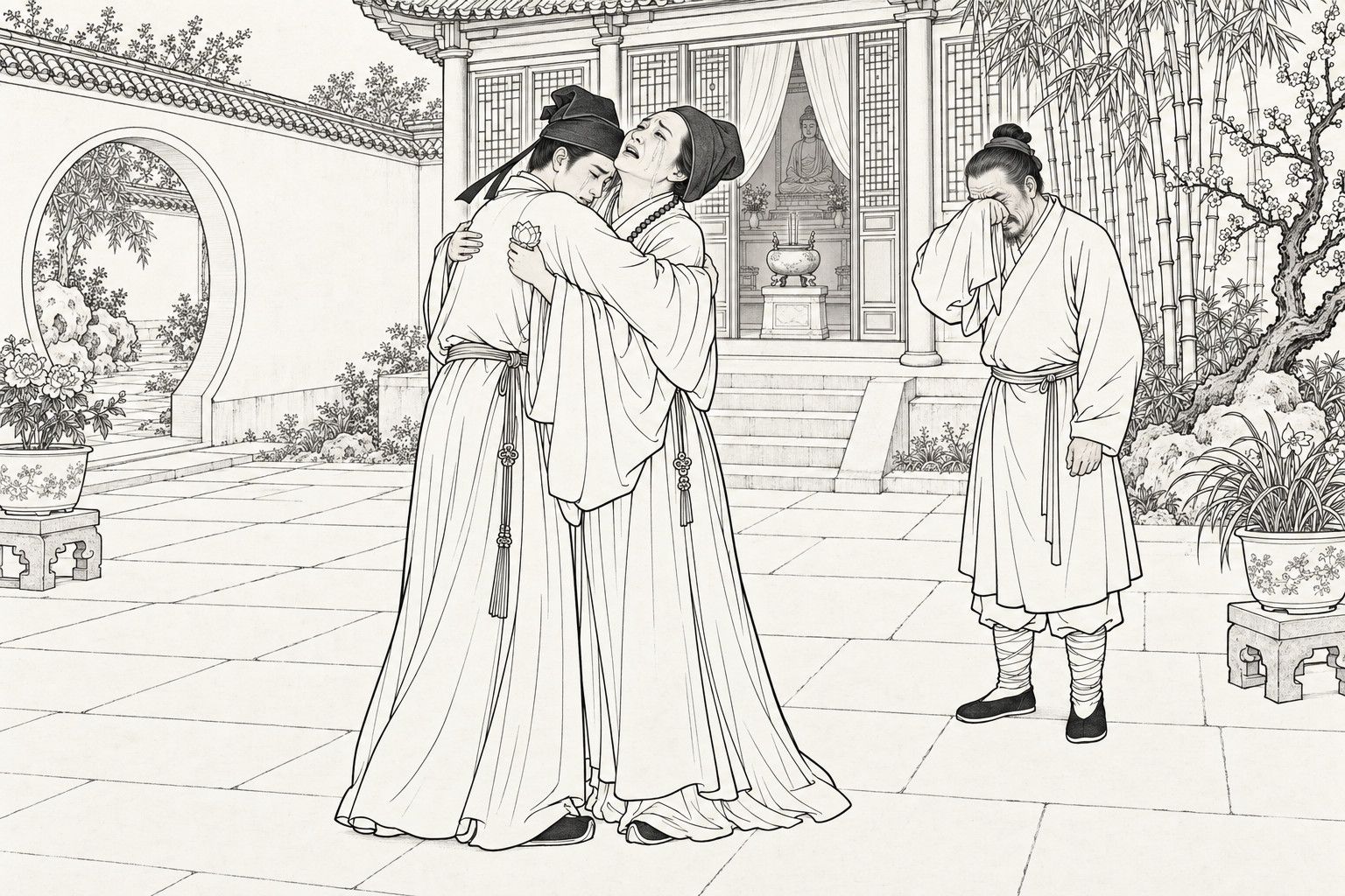 A line drawing in the manner of a late-Qing lithographed edition: in the courtyard of a nunnery, a young scholar and a nun in a plain cap cling to each other weeping, a small jade lotus held in her hand against his back, while the old family servant stands a pace away with his sleeve pressed to his eyes.
