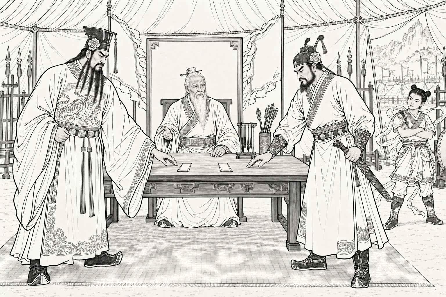 A line drawing in the manner of a late-Qing lithographed edition: in the command tent, Jiang Ziya sits behind a table on which two small folded slips lie side by side; Huang Feihu and Hong Jin, each with a red flower pinned to his cap, reach out to take one, while the boy general Nezha stands to one side with his arms folded.