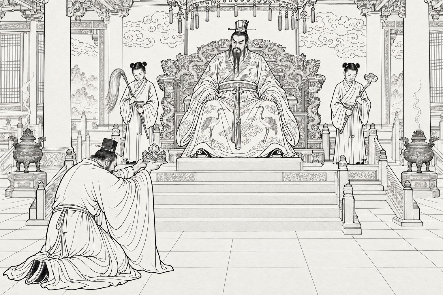A line drawing in the manner of a late-Qing lithographed edition: in a great palace hall, the sage-master Tongtian sits on a dragon-carved throne at the top of three steps, in a robe embroidered with cranes, looking down at the plainly robed Guangchengzi, who kneels at the foot of the steps holding up a small lotus-ornamented crown on both palms, while two boys with hair in tufts stand at either side with a whisk and a ruyi sceptre.