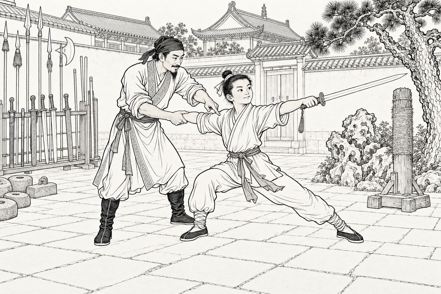 A line drawing in the manner of a late-Qing lithographed edition: in a courtyard with a weapon rack and stone weights, a lean master in a kerchief steadies the forearm of a boy in a deep lunge and points along the straight sword the boy thrusts out.