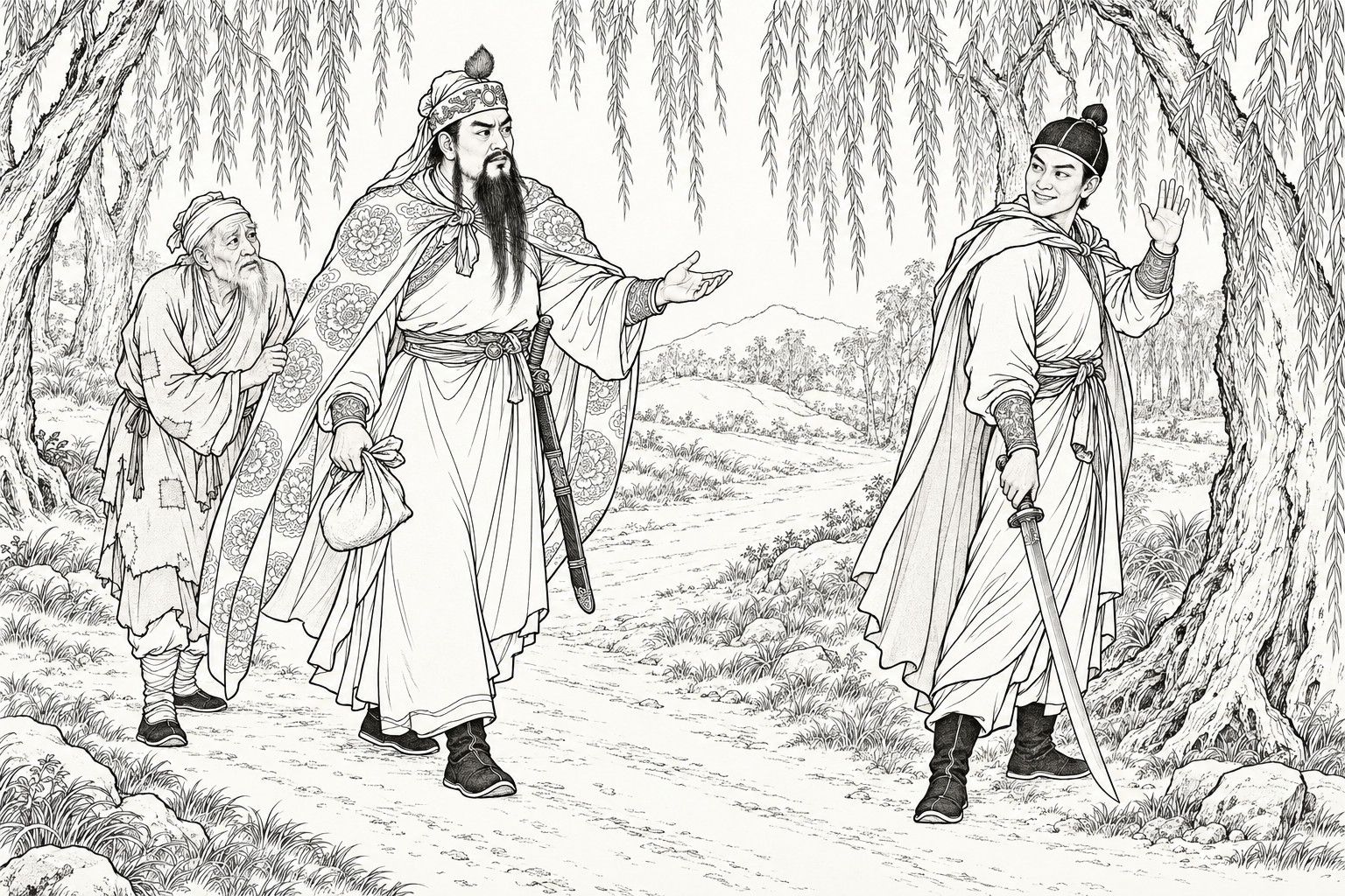 A line drawing in the manner of a late-Qing lithographed edition: in a willow wood on a road, a tall hero with a long beard in a peony-patterned cloak and head-cloth walks in with a poor old man in a patched gown stooping behind him, one hand stretched out and a small bundle in the other; a young bandit with a drawn sabre points down in his hand stands under the willows at the right, smiling and waving a hand in greeting.