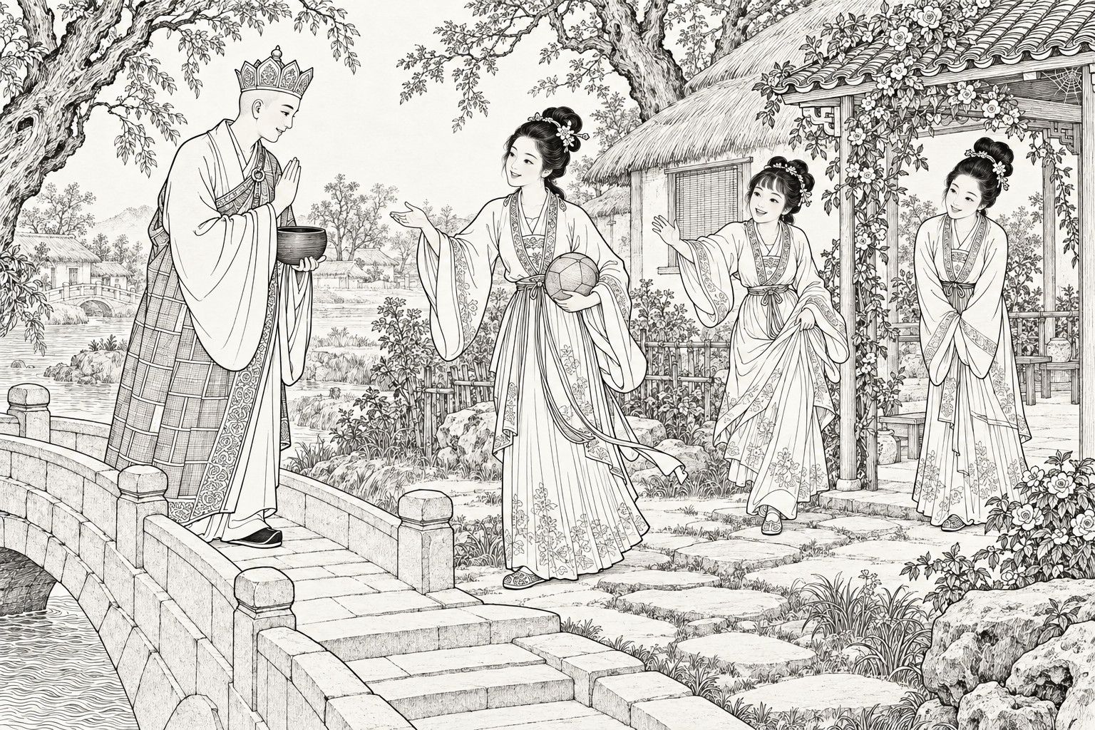 A line drawing in the manner of a late-Qing lithographed edition: at the end of a stone bridge by a thatched village house, the monk Tang Sanzang stands with palms joined, an alms bowl in one hand, while three smiling young women come out to greet him, one holding a ball, one lifting her skirt hem to hurry, and one standing under a flowering trellis.