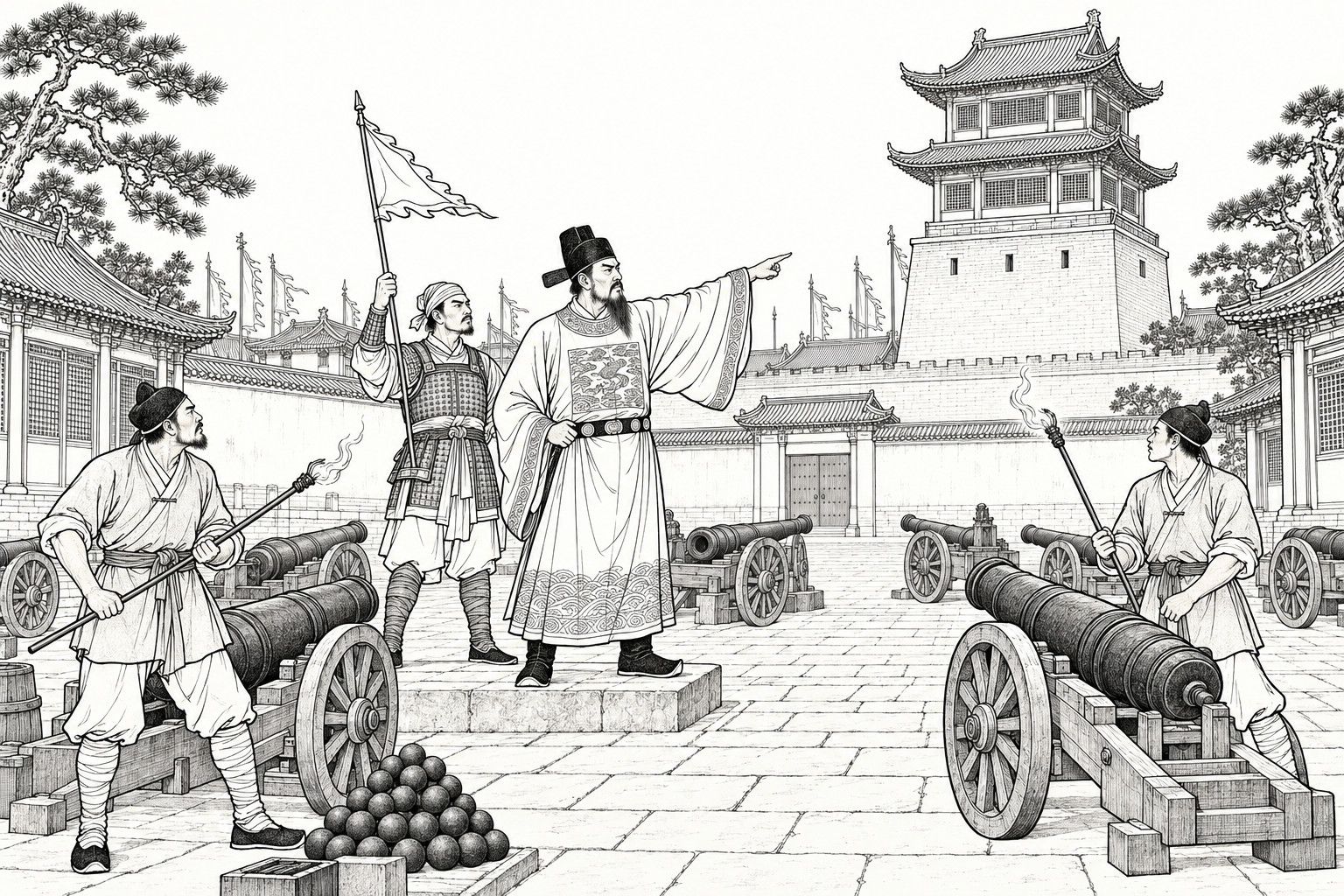A line drawing in the manner of a late-Qing lithographed edition: in the daytime paved rear courtyard of a yamen, a bearded official in a black gauze cap and rank-badge robe stands on a low stone step and points toward a tall tower, while a flag-bearing officer beside him and two gunners with lit match poles stand by rows of iron cannons and a pile of round shot.