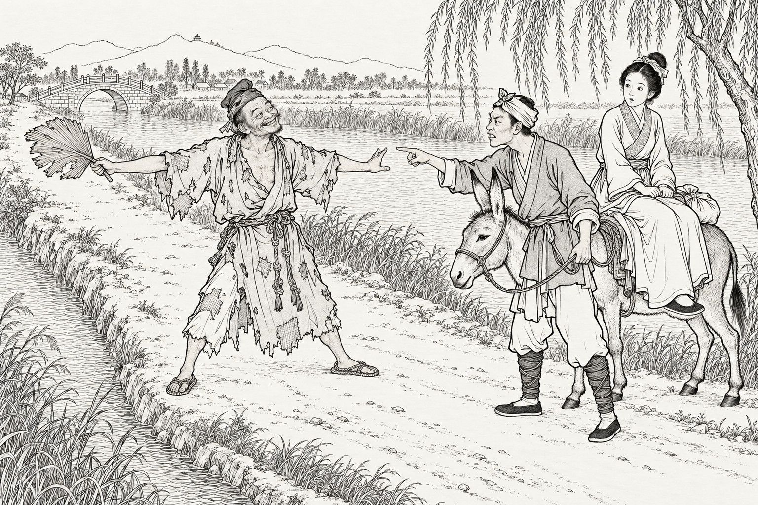 A line drawing in the manner of a late-Qing lithographed edition: on a narrow earthen path between two rivers, with willows, reeds and an arched bridge in the distance, a ragged monk stands with his legs wide apart and his arms stretched out, a palm-leaf fan in one hand, grinning to block the way; a young man in a head-cloth leading a donkey points at him angrily, and a young woman riding the donkey with a bundle behind her looks on, wide-eyed.