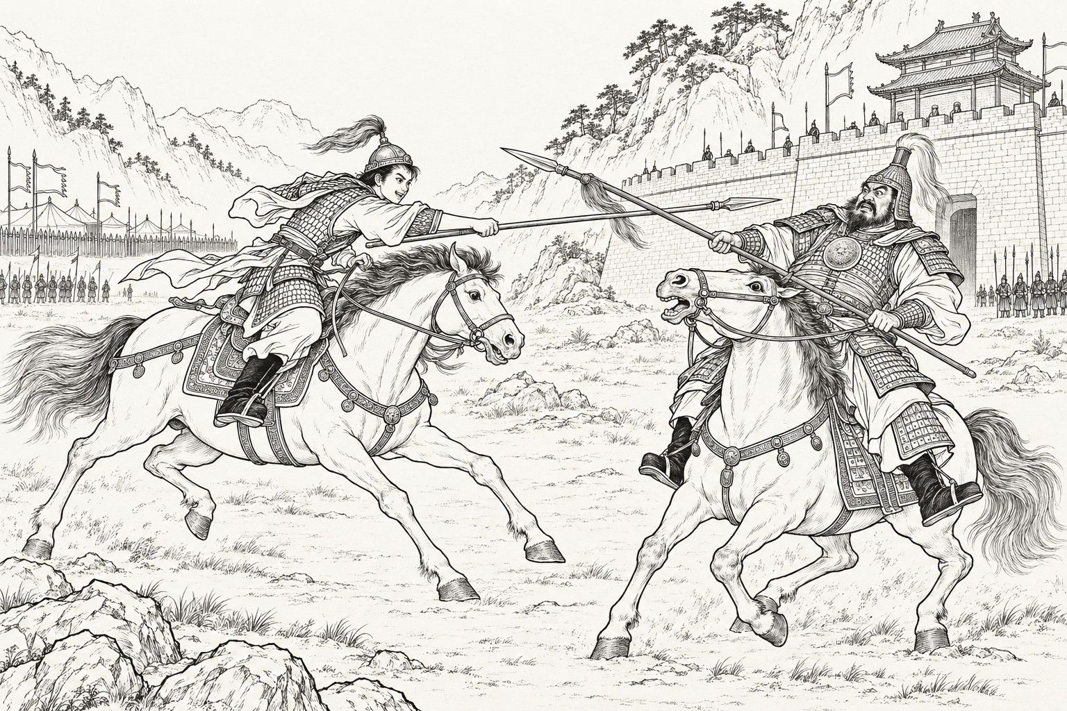 A line drawing in the manner of a late-Qing lithographed edition: before the walls of Qinglong Pass, the seventeen-year-old Huang Tianxiang leans far over his galloping horse and drives a long spear at the enemy commander Qiu Yin, who bends back in his saddle with his mouth open to parry; small lines of soldiers stand far behind each of them.