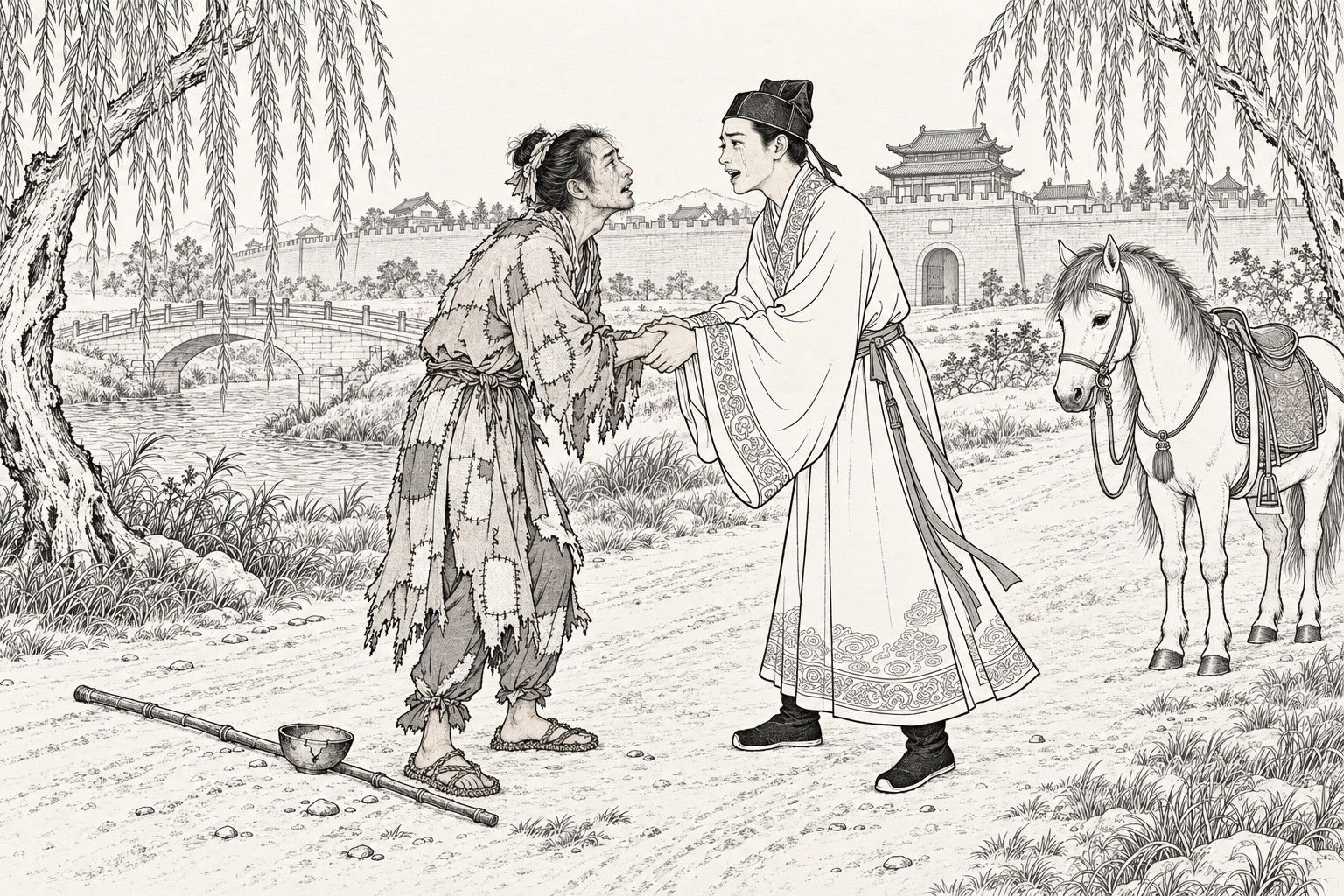 A line drawing in the manner of a late-Qing lithographed edition: On a country road beside a willow-lined stream outside a walled city in daylight, a well-dressed boy in a scholar's cap and wide-sleeved gown has dismounted and clasps both hands of a stooped, tearful beggar in a patched coat, with a bamboo staff and bowl at their feet, a saddled pony standing at the right, and a small bridge, city wall and gate tower behind.