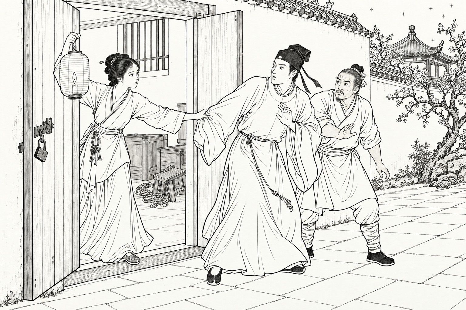 A line drawing in the manner of a late-Qing lithographed edition: at night before a store-room whose padlock hangs open on the door, a young woman holds up a paper lantern and reaches out to catch a young scholar by the sleeve; he starts back with a raised hand, and his old servant behind him puts a hand out to shield him.