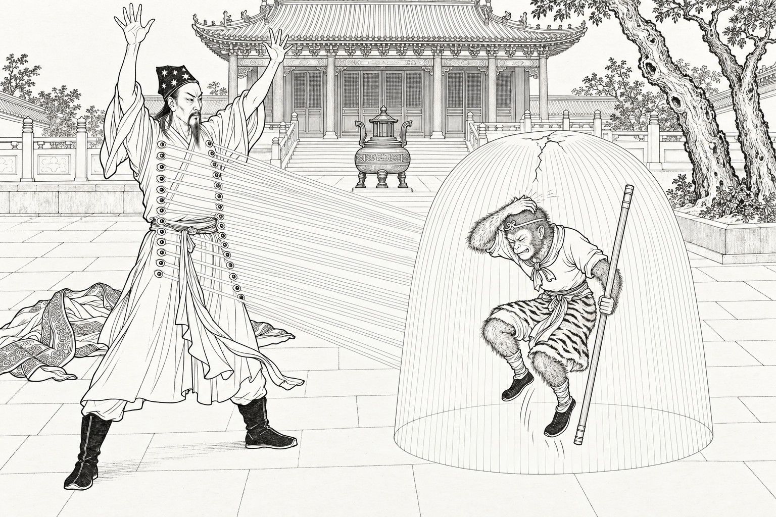 A line drawing in the manner of a late-Qing lithographed edition: in the courtyard of a Daoist temple, the Daoist stands with both arms raised, rows of round eyes along his white undergarment sending straight rays out to form a domed cage, and inside it Sun Wukong, staff in hand, leaps up and clutches his head where it has struck the top, a crack running across the dome; his discarded robe lies on the paving.