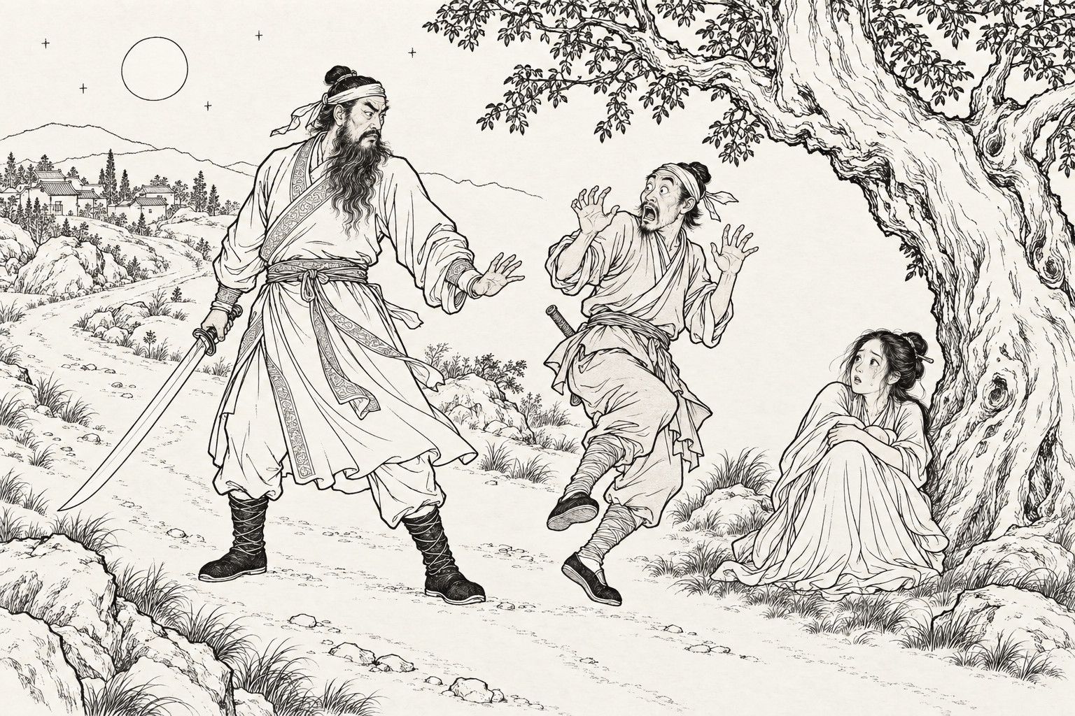 仿清末石印本的線描：月下的山路上，持出鞘腰刀的大鬍子驚訝地低頭看去，腰間插著短棍的賊人雙手上揚向後跳開，一個受驚的年輕女子抱膝縮坐在大樹腳下。