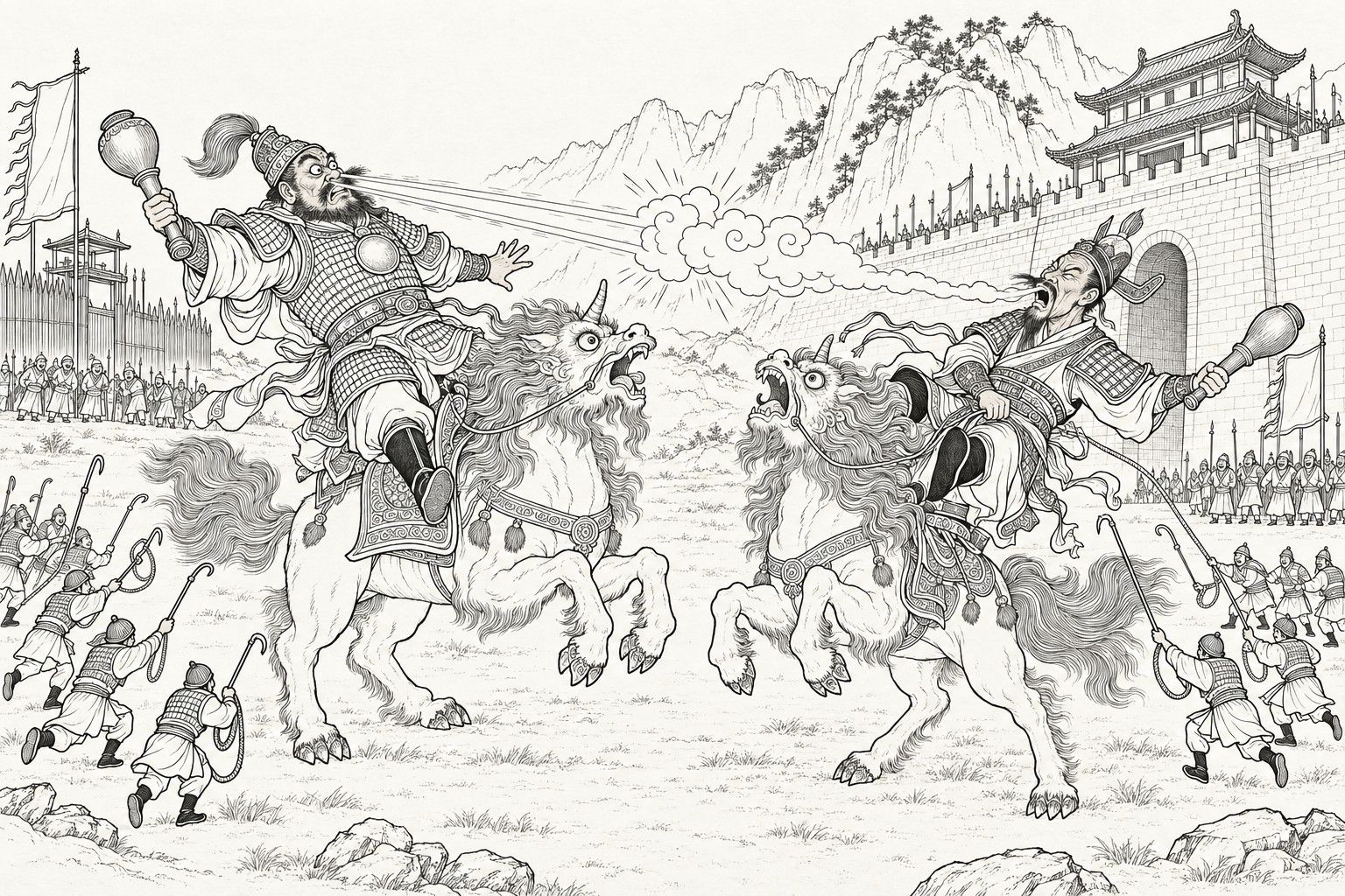 A line drawing in the manner of a late-Qing lithographed edition: before Qinglong Pass, the generals Zheng Lun and Chen Qi, each on a lion-headed beast and holding a short club, tip backwards in their saddles as a pair of light beams from Zheng Lun's nose and a puff of vapour from Chen Qi's mouth collide between them; tiny soldiers with hooked poles and ropes rush in from both sides.