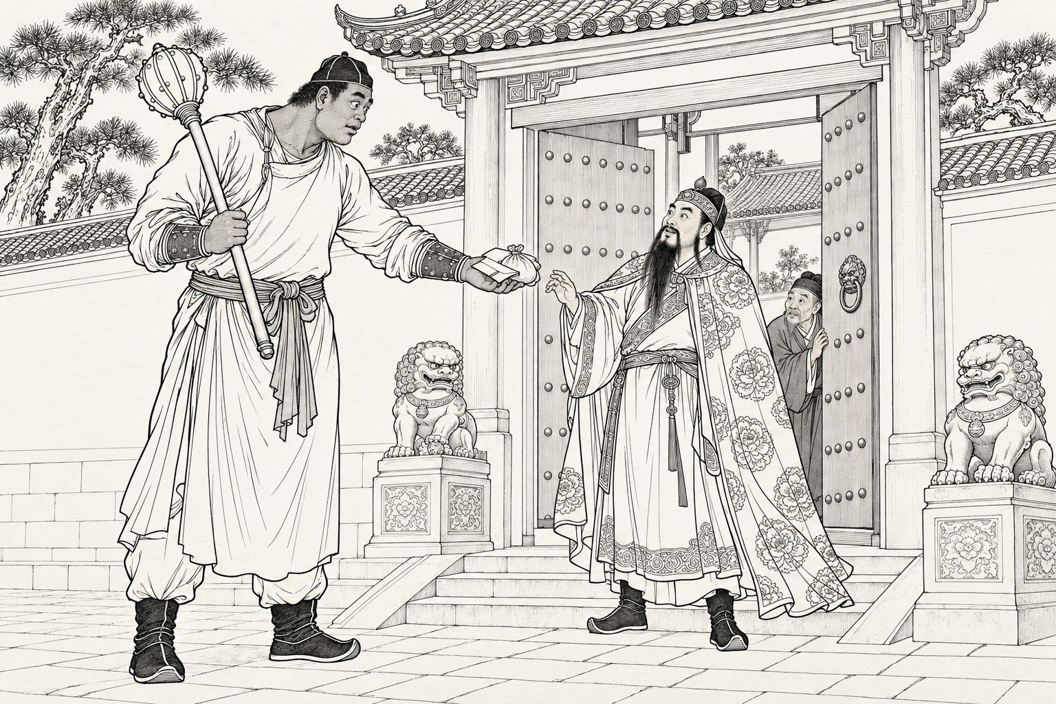 仿清末石印本的线描:有钉的大门敞开,两侧各蹲着一只石狮子;一个身材魁梧的青年肩扛一支带刺铁锤,一脸憨直地递出一封信和一小包银子;穿牡丹纹斗篷、留长须的好汉站在门槛上,仰头望着他,一手半抬,满脸困惑;一位老管家从门后探头。