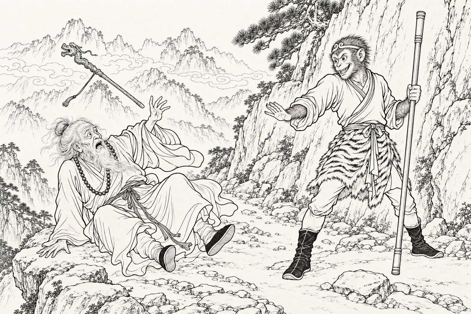 仿清末石印本的線描：山路石崖下，頸掛念珠的白鬚老者嚇得向後跌坐，一手撐地，龍頭柺杖飛到半空；孫悟空齜著牙，一手拄著鐵棒，一手伸出去安撫他。