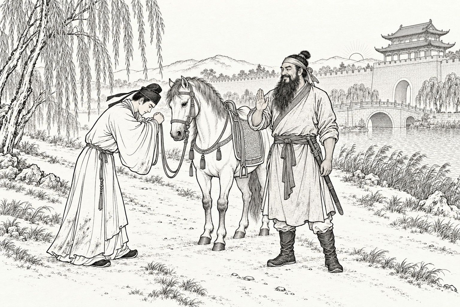 仿清末石印本的線描：天亮時城外的路上，穿沾塵儒袍的年輕人雙手握著韁繩深深作揖，腰佩腰刀、繫頭巾的大鬍子笑著抬起一隻手掌推辭；一匹備好鞍的馬立在兩人之間，身後是城樓、護城河上的橋、垂柳和初升的太陽。