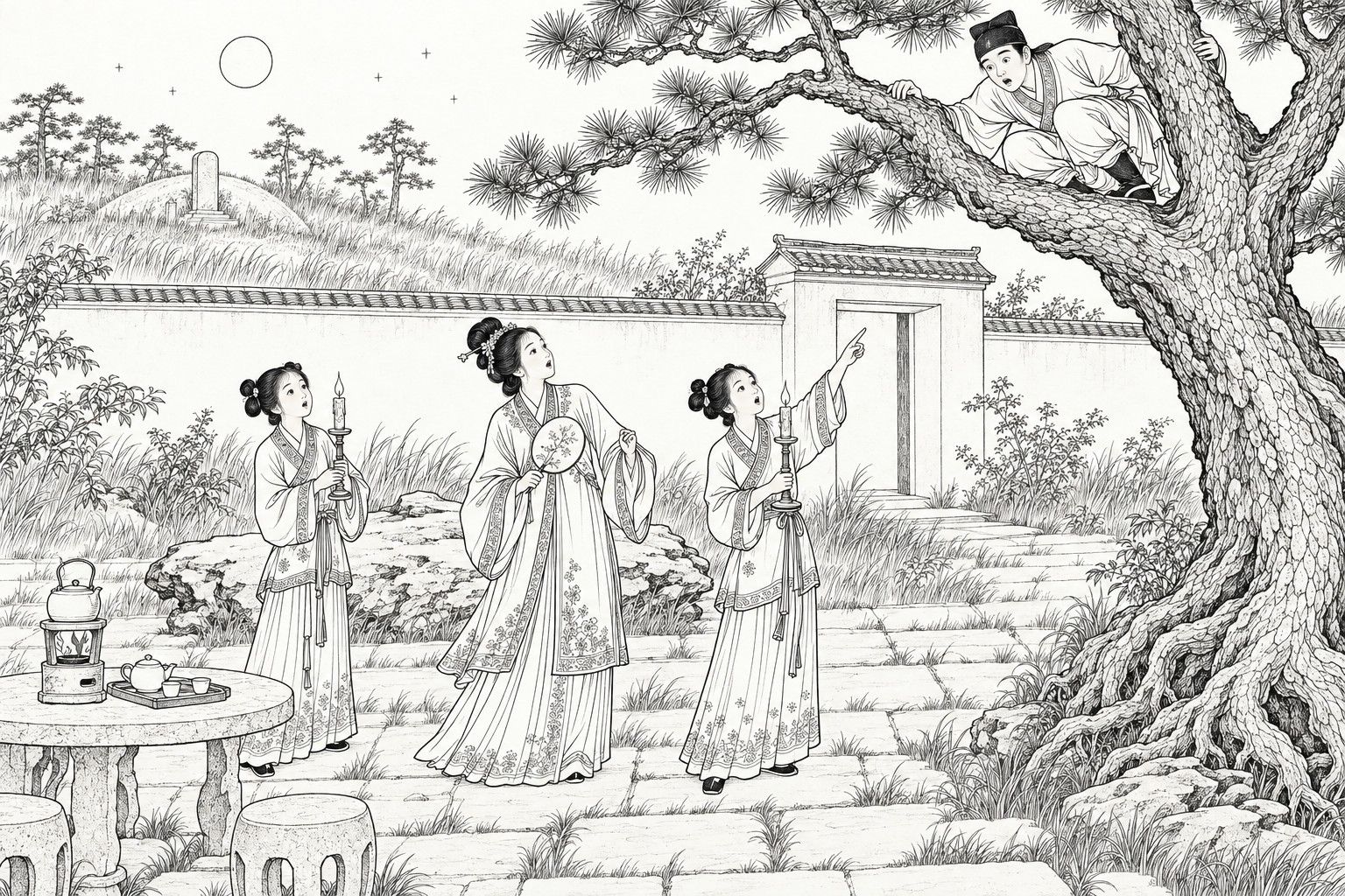 A line drawing in the manner of a late-Qing lithographed edition: on a moonlit night in a grassy courtyard in open country, a young scholar crouches in the fork of an old pine and peers down in surprise, while below him a young lady holding a round fan looks up and two maids with double-knot hair hold lit candlesticks, one of them pointing up into the tree, with a stone tea table, a garden rock, a low wall and a distant grave mound around them.
