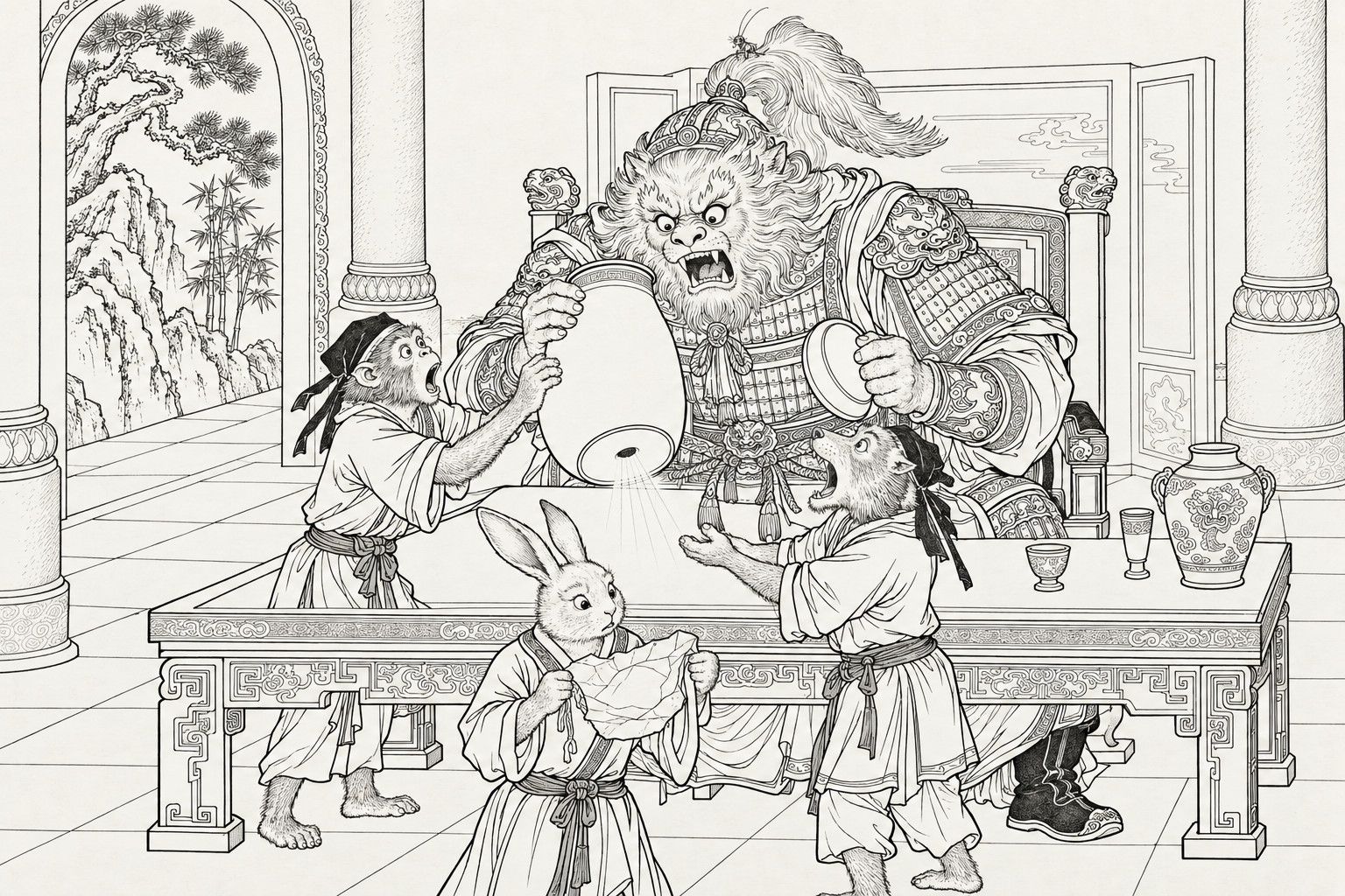A line drawing in the manner of a late-Qing lithographed edition: in a stone hall, the lion-headed demon king in armour sits at a long table with the lid of a great vase in one hand, glaring into the vase that a monkey-faced imp tilts toward him, a few rays of light coming through a small hole in its base, while a wolf-faced imp and a rabbit-faced imp holding the torn seal look on in alarm; a tiny insect with long feelers perches on the plume of his helmet.