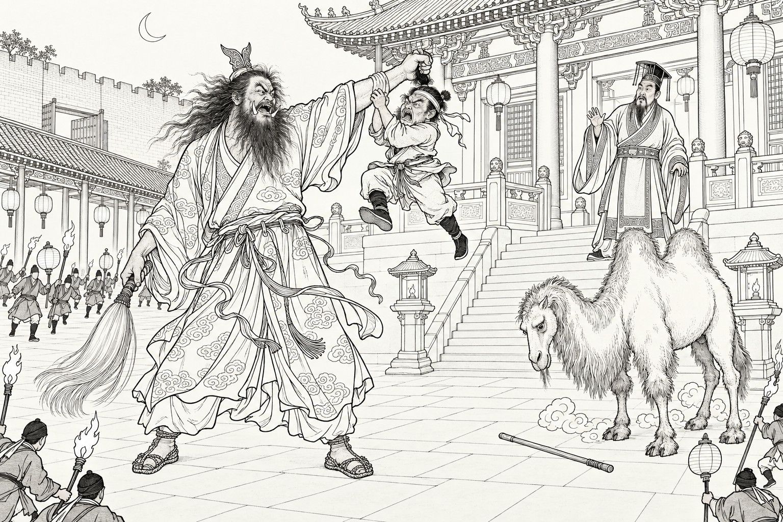仿清末石印本的線描:夜裡,總兵府殿前的院子裡,一個獠牙亂髮的道人一手揪著矮小的土行孫的頭髮把他拎在半空,土行孫亂蹬著腳、雙手去掰道人的手腕;一頭雙峰駱駝低著頭站著,一根棍掉在石板上,臺階上的總兵驚訝地抬起一隻手,小小的官兵舉著火把和燈籠跑進來。
