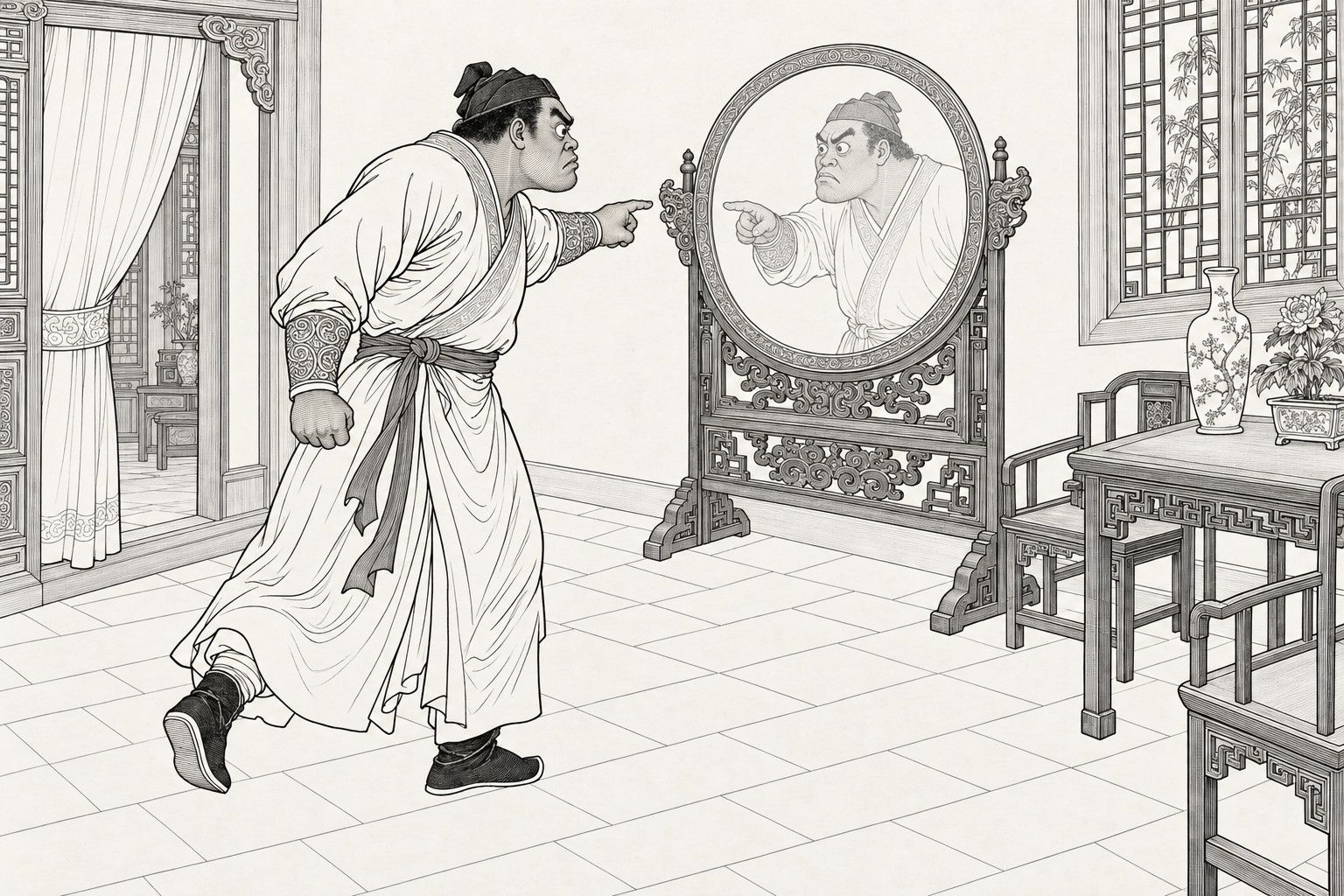 A line drawing in the manner of a late-Qing lithographed edition: in a hall with a curtained doorway, a lattice window, a vase of flowers and chairs, a huge young man in a plain gown strides forward in a threatening pose and points at a tall oval bronze mirror on a carved wooden stand, in which his own reflection glares back and points at him.