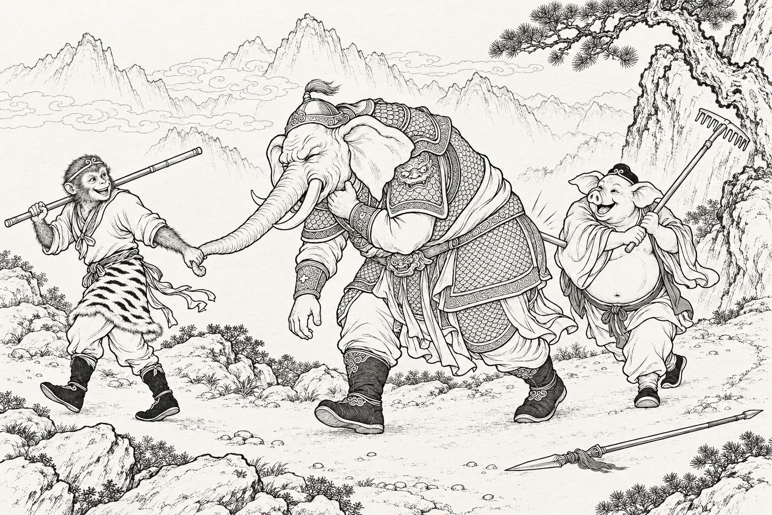 A line drawing in the manner of a late-Qing lithographed edition: on a mountain slope by day, a grinning monkey warrior with an iron staff on his shoulder tows a bent-over, armoured elephant-headed demon by the trunk, while a pig-headed monk behind him swats the demon's rump with the handle of a reversed rake, a dropped spear on the path, with a pine-topped rock and distant peaks behind.