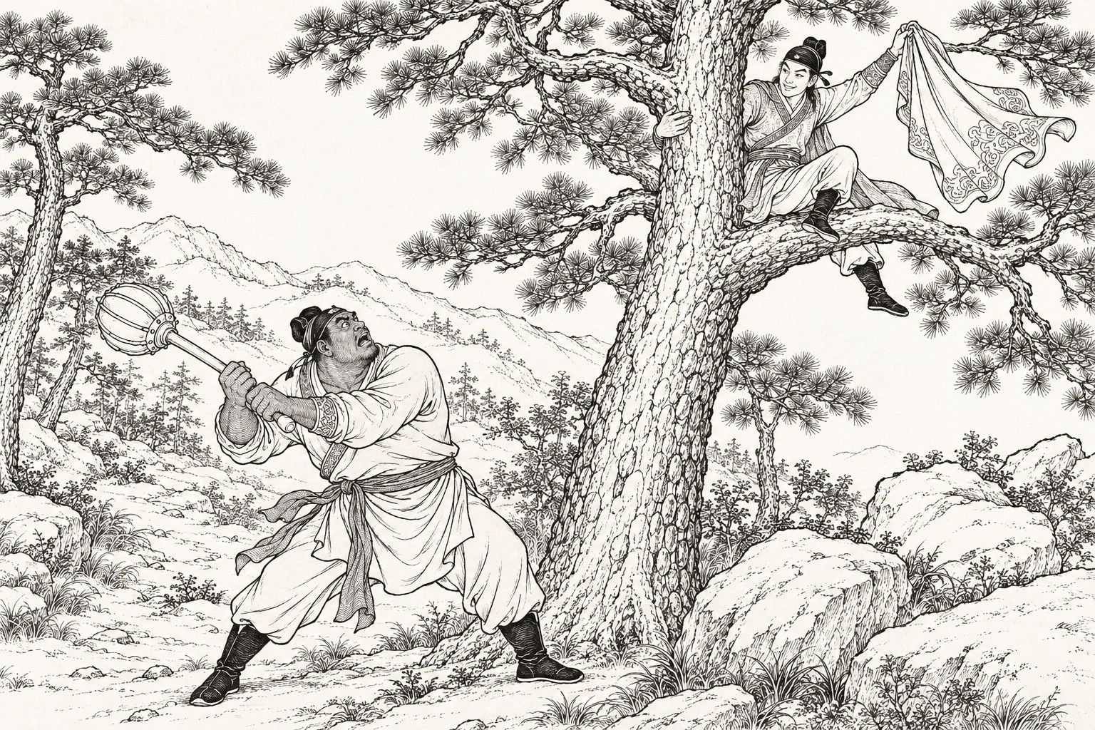 A line drawing in the manner of a late-Qing lithographed edition: in a pine wood on a hillside, a huge young man with a spiked iron mace swings it back to strike the trunk of a big pine, looking up with a fierce face; high in the tree a slim young man in a cap sits astride a thick branch, smiling, and holds up an embroidered cloak in one hand as if about to fling it away.