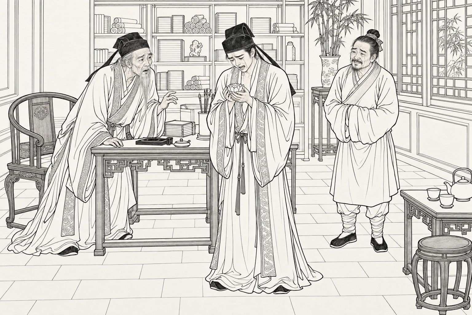 A line drawing in the manner of a late-Qing lithographed edition: in a study with shelves of books, a young man in a scholar's cap weeps as he holds a small jade lotus in both hands; a gaunt, grey-bearded old scholar leans on the table and raises a hand in bewilderment, and an old servant stands at the right with his hands in his sleeves, smiling.