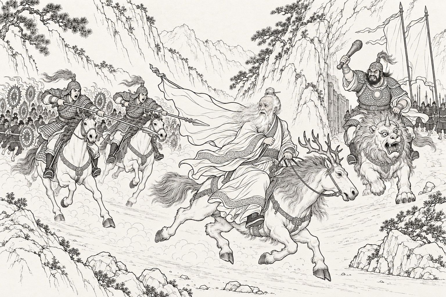 A line drawing in the manner of a late-Qing lithographed edition: at a mountain pass at dawn, Jiang Ziya flees on his antlered mount, looking back, a big blank banner under his arm streaming behind him; two young generals with levelled spears lead tiny soldiers carrying bladed wheels in pursuit, while the burly Zheng Lun, on a lion-headed beast with a club raised, bursts out of the pass from the right to meet them.