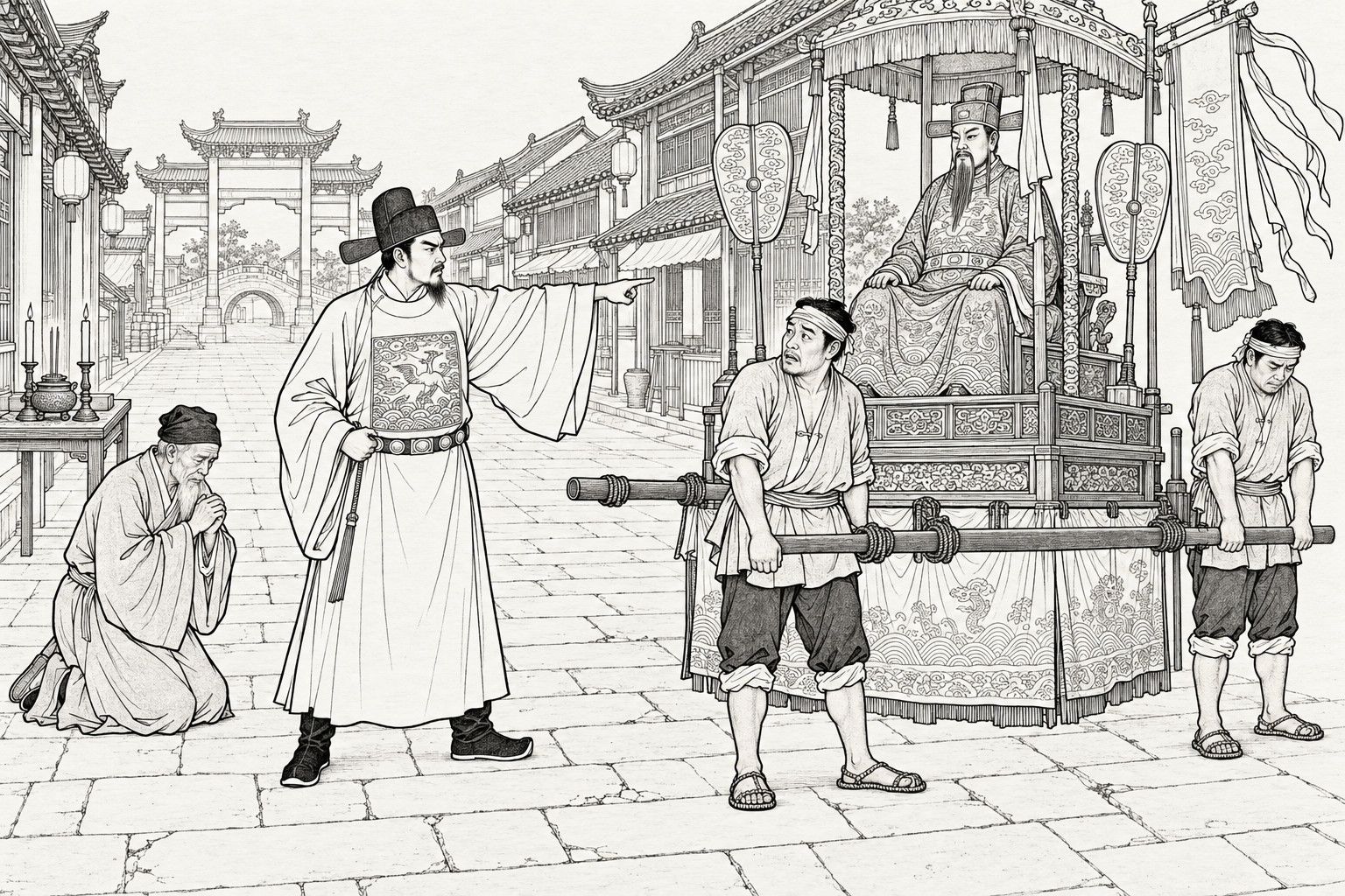 A line drawing in the manner of a late-Qing lithographed edition: on a broad paved main street of a Ming-dynasty city in daytime, a young magistrate in black hat and robe with a rank badge stretches out his arm and points sternly at a carved wooden City God statue seated on a canopied festival carriage, while an old man kneels with clasped hands beside him and two headbanded carriers stand at the carriage poles with frightened looks, with shopfronts, an incense table, a memorial archway and a small stone bridge behind.