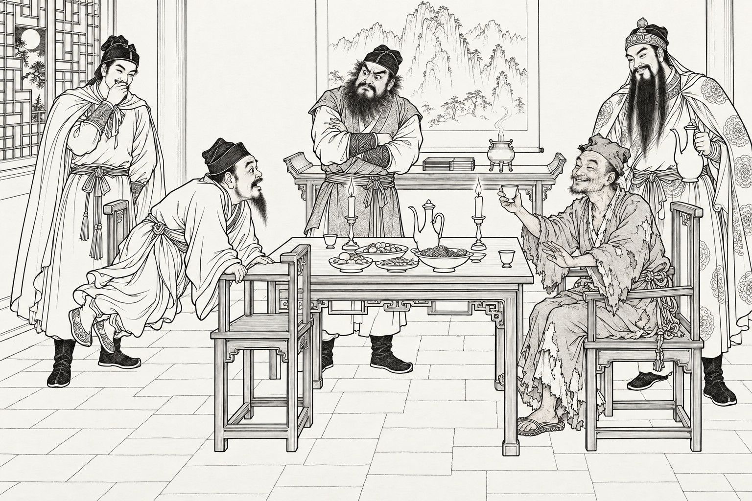 仿清末石印本的線描：山間道觀的客房裡，背後掛著山水畫，窗中有一輪月；破衣僧坐在擺著菜餚和蠟燭的桌邊，手舉酒杯，另一手抬起；一個個子極矮、戴帽的人雙手扶著高椅的座面、一腳離地往上蹬，轉頭望著他；旁邊站著三位好漢，一位虯髯的抱著手，一位披斗篷的青年用手捂著嘴，一位披牡丹紋斗篷的長鬚者提著酒壺，含笑看著。