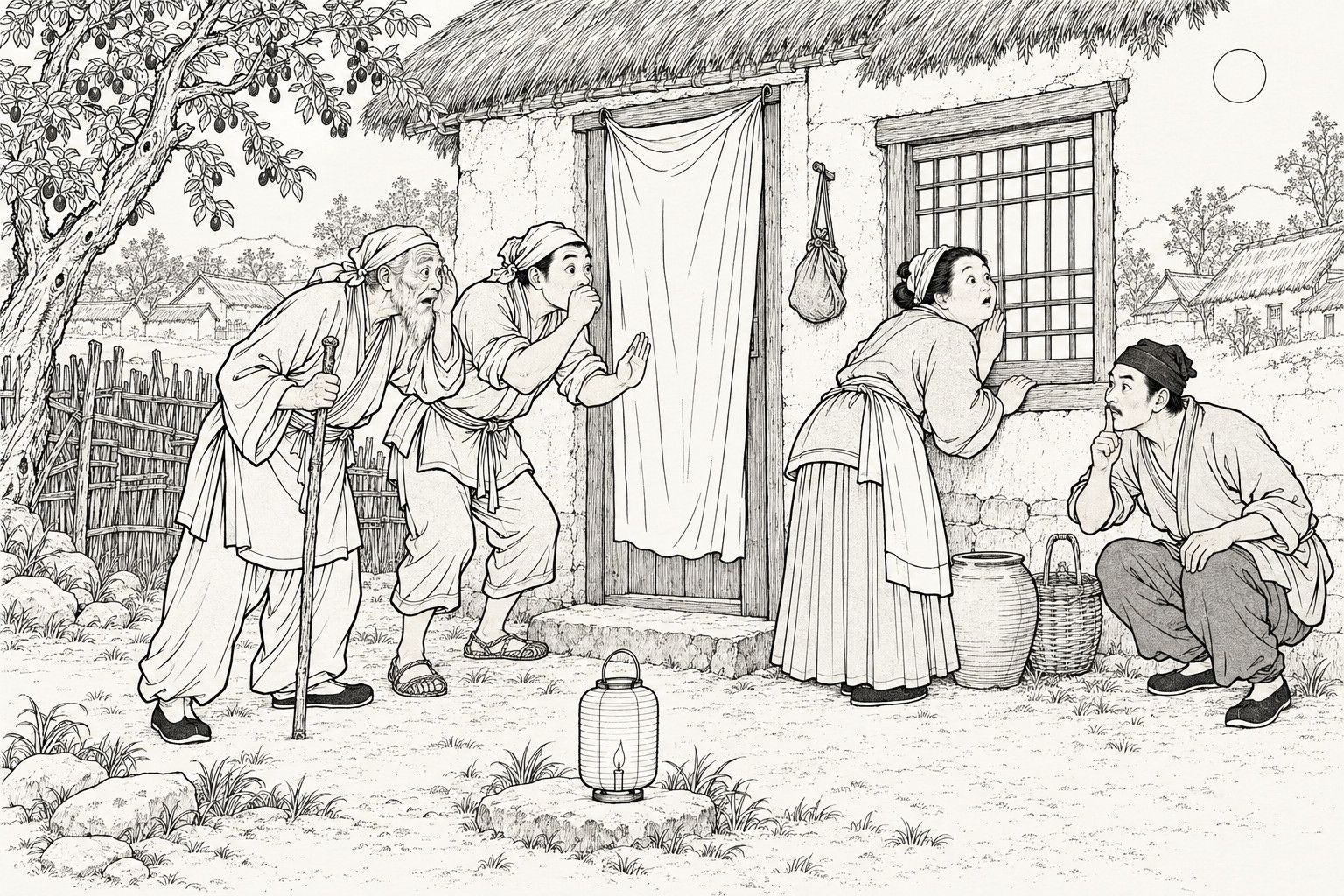 A line drawing in the manner of a late-Qing lithographed edition: on a moonlit night in the yard of a thatched village cottage, an old man with a staff, a young farmer, a village woman and a crouching man lean toward the curtained door and paper-latticed window, listening with hushed attention, with a small lantern, a water jar, a basket and a jujube tree around them.