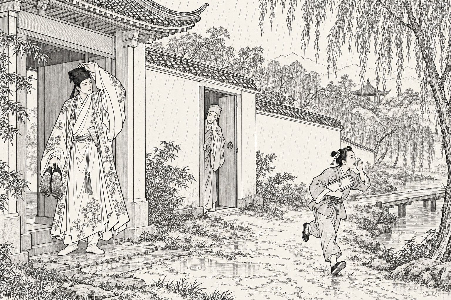 仿清末石印本的線描：大雨裡，穿花袍的公子在屋簷下用一隻袖子遮著頭，手裡提著一雙沾泥的鞋，望向牆上的側門；年輕尼姑從門裡探出身，掩著嘴低聲說話；書童抱著文具盒沿小路跑過，一邊喊著。