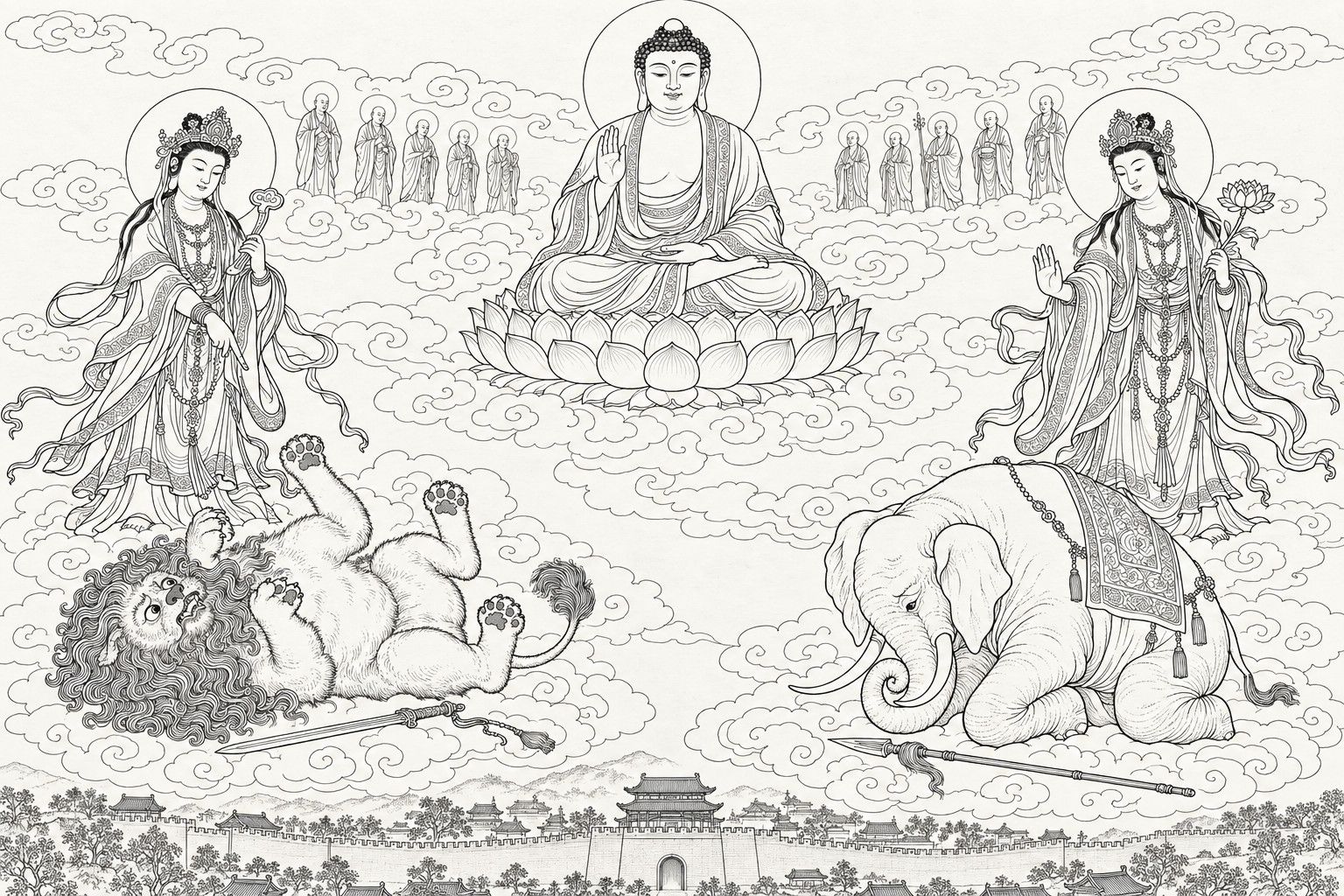 A line drawing in the manner of a late-Qing lithographed edition: above a walled city, the Buddha sits on a lotus throne amid clouds with his right hand raised, a row of small robed disciples on either side; two crowned Bodhisattvas stand on the clouds, the left holding a ruyi sceptre and pointing down, the right holding a lotus and raising a hand; below them a lion lies on its back with its paws in the air and a sword fallen beside it, and an elephant kneels with its head bowed, a spear at its side.