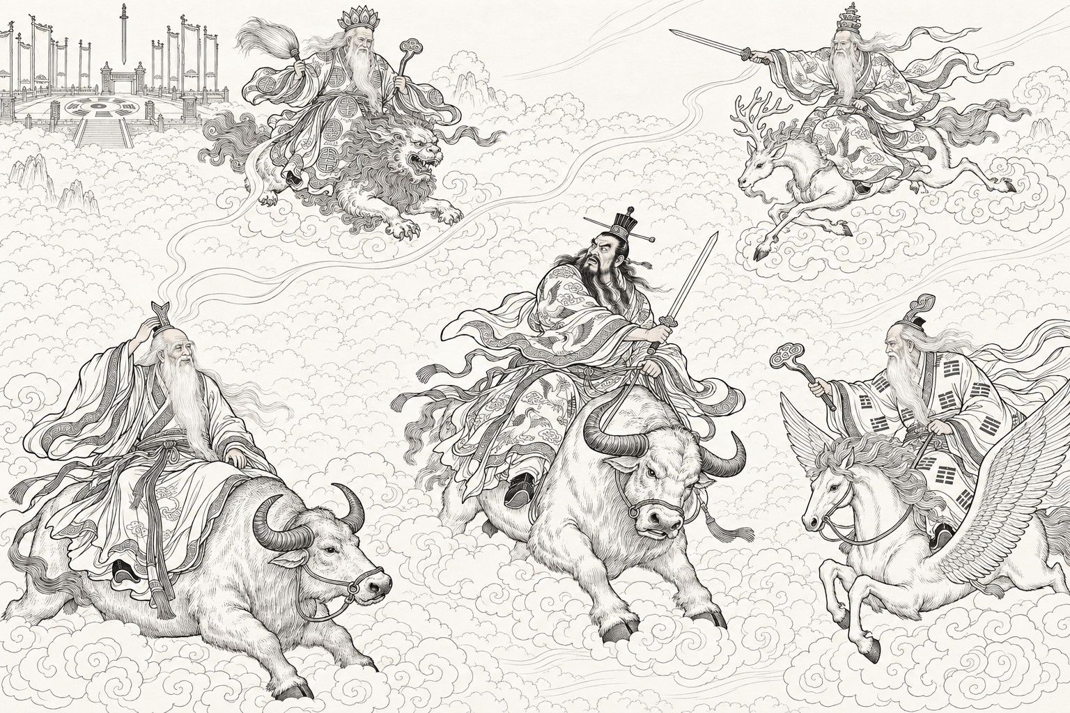 A line drawing in the manner of a late-Qing lithographed edition: in a sea of curling clouds, the old sage Laozi on a great ox pushes up his crown with one hand while thin streams of vapour rise from his head; three more white-bearded sages, one on a lion-like beast, one on a stag-like beast and one on a winged horse, close in on Tongtian, the Sect Master, who twists round in alarm on his horned ox with a sword in his hand; a tiny trigram platform with banners and a hanging sword stands at the upper left.