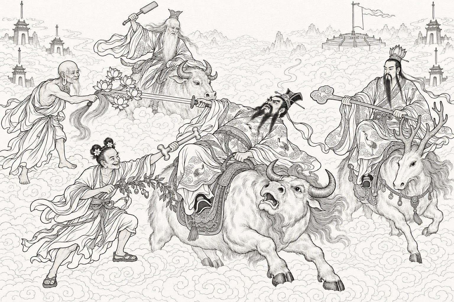 仿清末石印本的線描:陣中雲海上,發怒的通天教主在大牛背上猛地向後仰倒,一手抓住鞍橋,一手伸直握劍,劍身被光腳光頭的接引拂塵上的蓮花托住;騎牛的老者從身後舉短扁拐打來,戴冠的元始騎著鹿角坐騎橫握如意去架,梳雙髻的準提含笑從前面用杵壓下。
