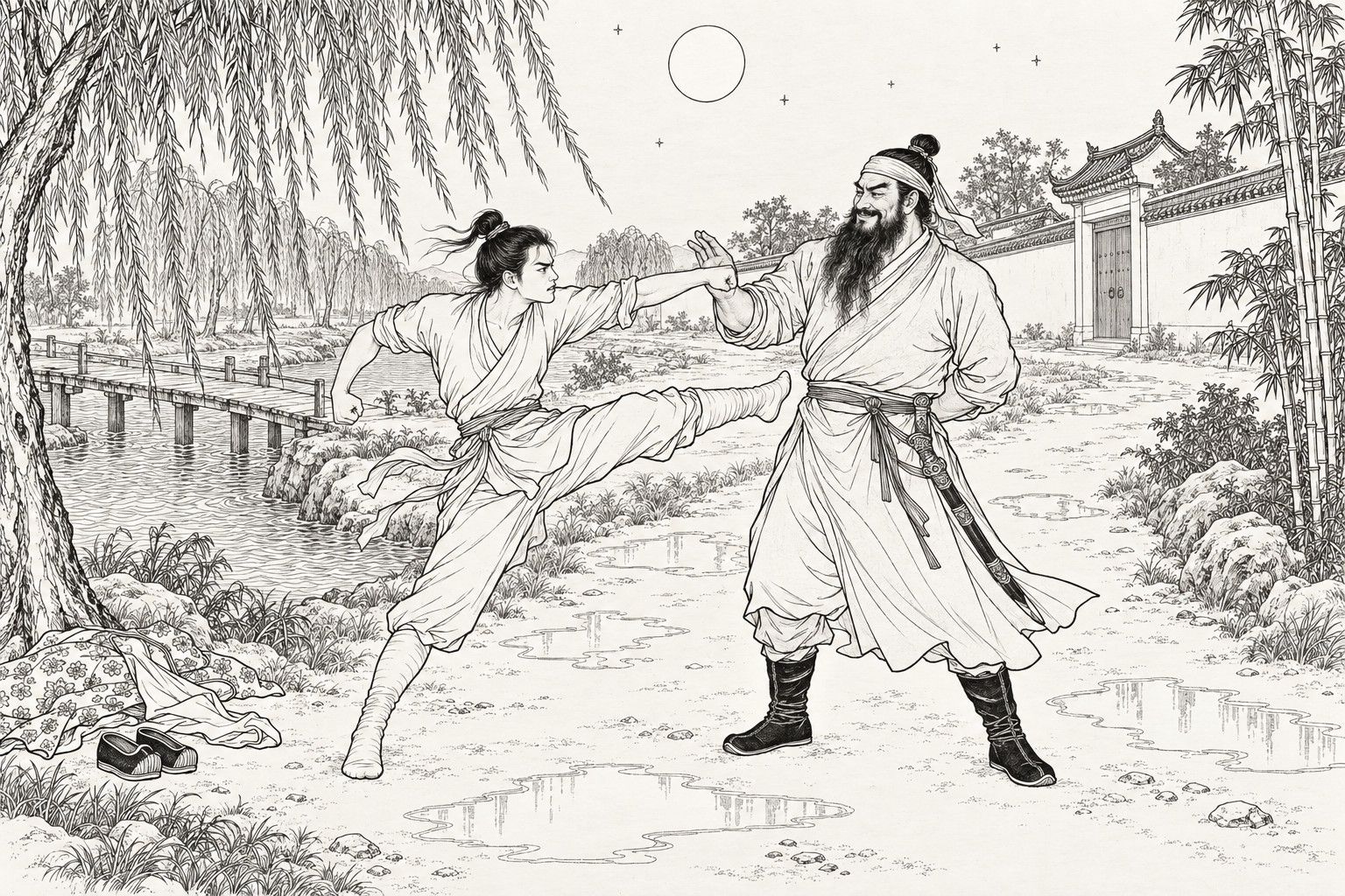 A line drawing in the manner of a late-Qing lithographed edition: by a willow-lined stream under a full moon, a slim young man in his shirt-sleeves and stockinged feet drives a fist and a high kick at a bearded man, who turns the fist aside with one hand, the other behind his back, smiling; a flowered cloak and a pair of shoes lie at the roadside.