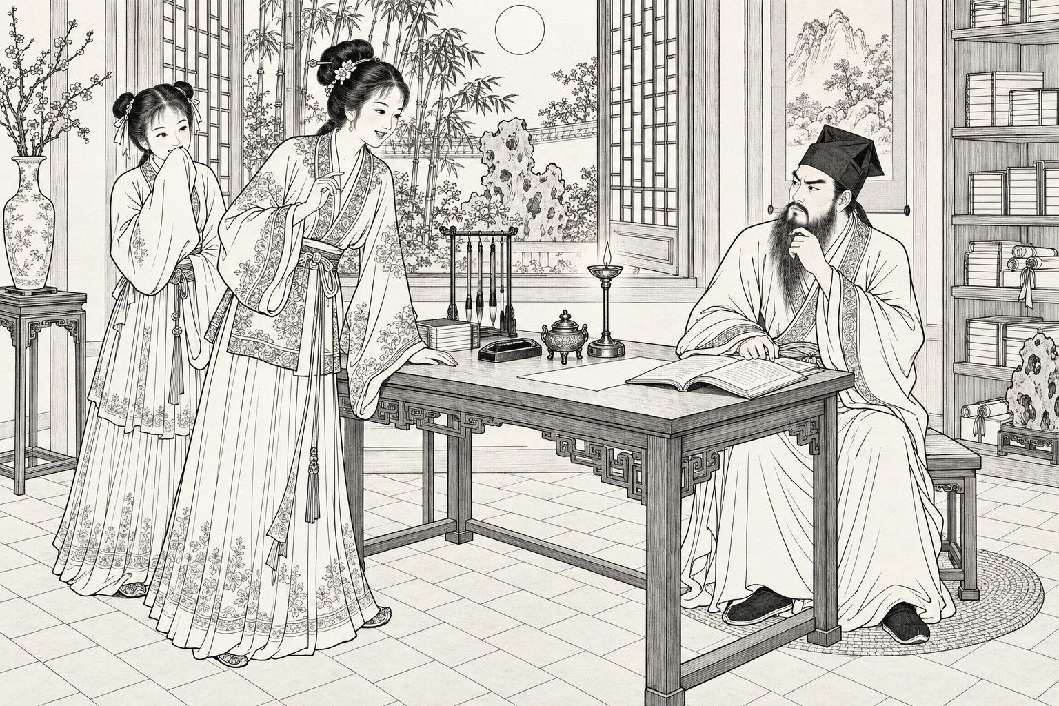 A line drawing in the manner of a late-Qing lithographed edition: on a moonlit night in a garden study, a bearded scholar sits on a bench beside his writing table with a book open, frowning and stroking his beard in thought, while an elder girl leans one hand on the table and smiles as she speaks, and a younger girl behind her hides a smile behind her sleeve, with a lamp, brushes and incense burner on the table, bamboo and a rock beyond the open lattice window, and a bookshelf at the right.
