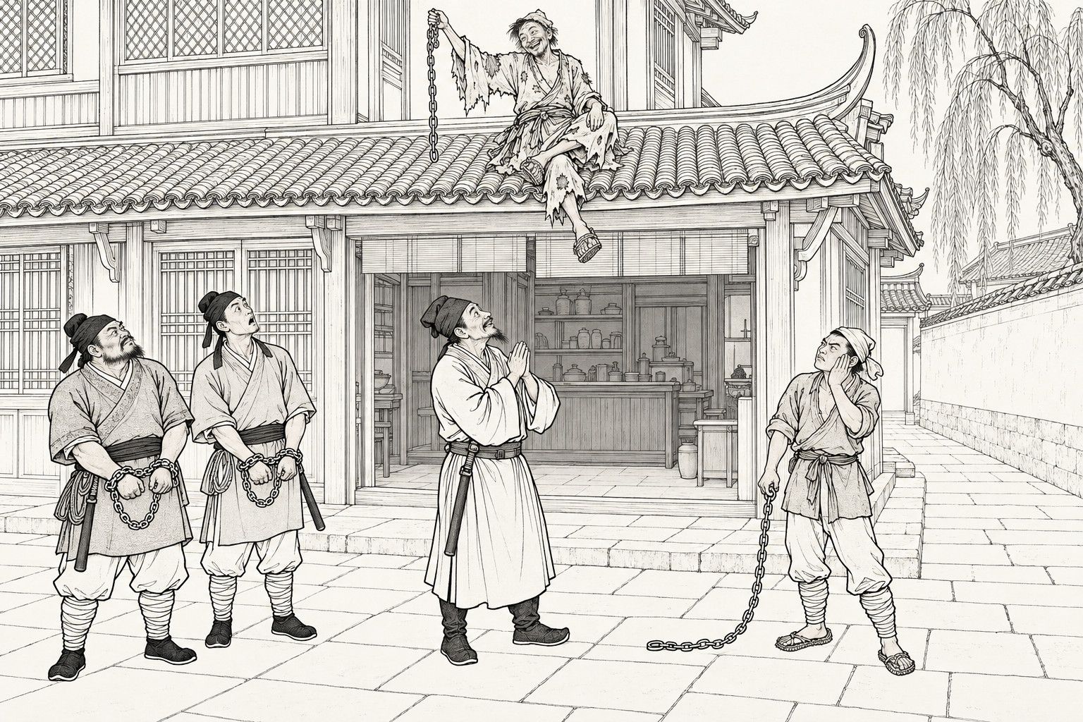 A line drawing in the manner of a late-Qing lithographed edition: in the street before a shop with a tiled roof and willows beyond, a ragged monk sits on the eaves with his legs dangling, grinning down and holding up a loose iron chain; below, a constable in a long robe presses his palms together and looks up at him; a young runner in a head-cloth rubs his cheek and holds the empty end of the chain; two constables with chains locked round their wrists stare up.