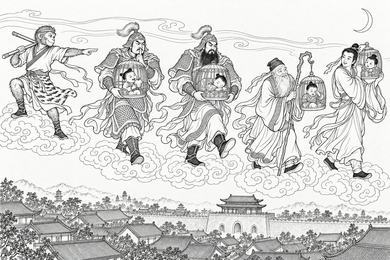 A line drawing in the manner of a late-Qing lithographed edition: On a moonlit night high above the roofs and gate tower of a walled city, a monkey warrior with a staff on his shoulder stands on a cloud and points the way, while two armoured guardians, a white-bearded old earth-god with a crooked staff and a young attendant in flowing sashes walk softly across the clouds, each carrying a bamboo cage with a small boy inside.