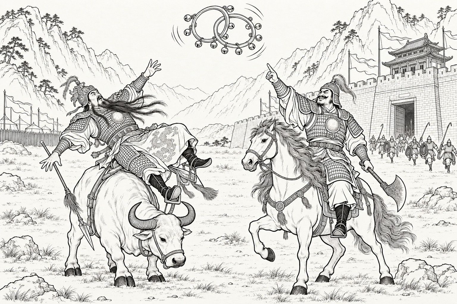 A line drawing in the manner of a late-Qing lithographed edition: on the field before Chuanyun Pass, the axeman Long Anji on his horse points up with a grin at a pair of interlocking rings hung with small bells that spin in the air, while the armoured Huang Feihu topples backwards off his ox with arms flung out and his spear slipping from his hand; tiny soldiers with ropes and hooked poles run out of the pass gate at the right.