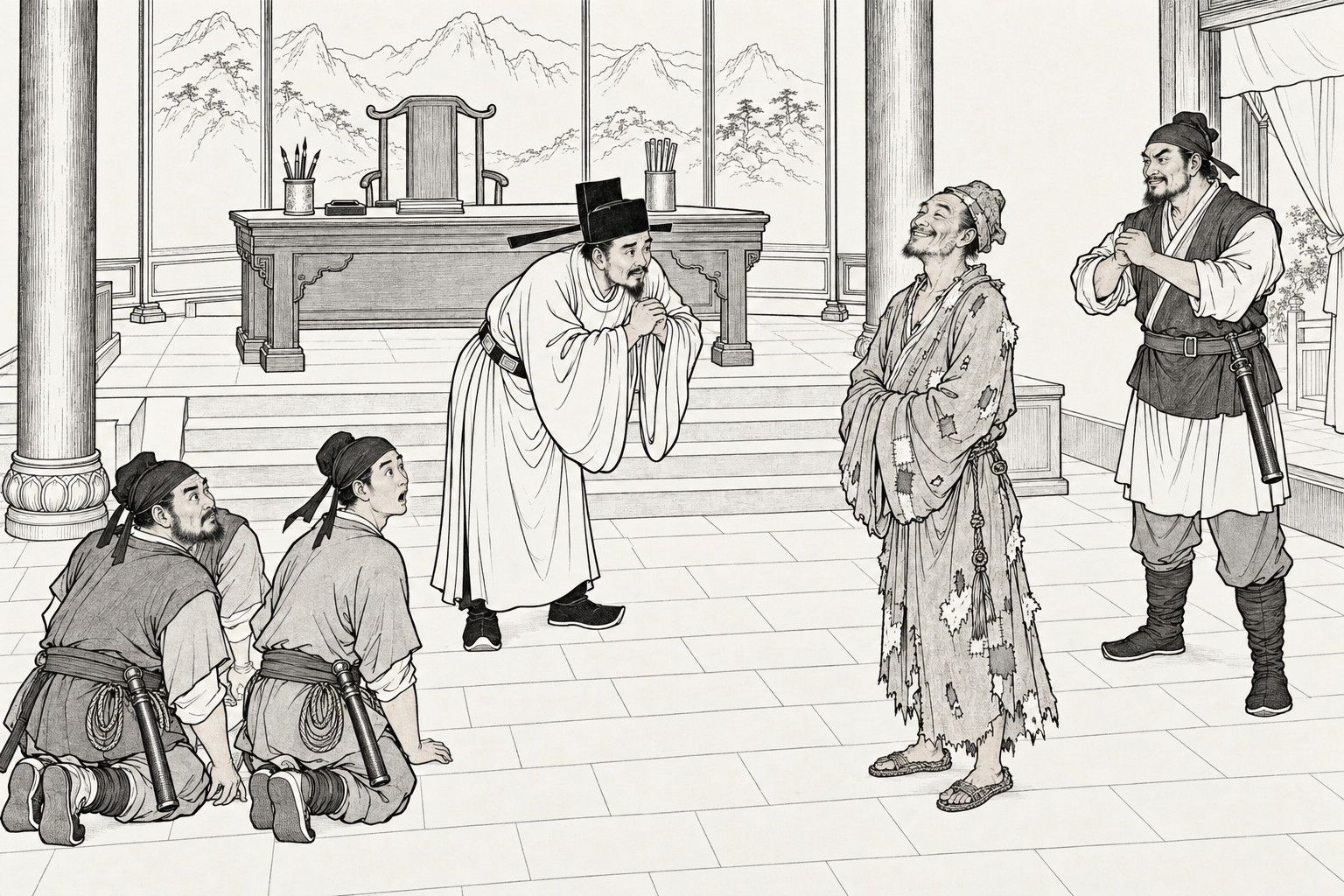 仿清末石印本的線描：縣衙大堂裡，從公案後走下來的縣官拱手向衣衫破爛、咧嘴笑著的和尚鞠躬；一旁站著一個揹著棍套的衙役；前景有兩個差役跪著，驚訝地抬頭看。