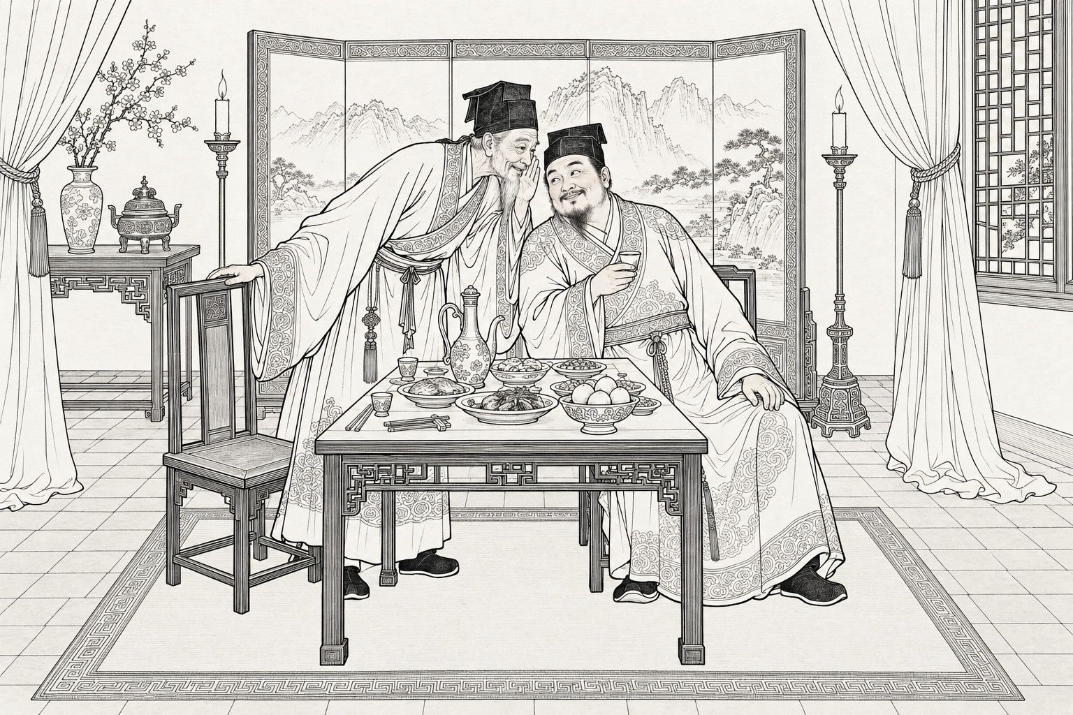 A line drawing in the manner of a late-Qing lithographed edition: In a lavishly furnished hall by daylight, a lean old scholar in a square cap and wide-sleeved gown stoops from beside an empty chair and whispers behind his cupped hand into the ear of a plump, bearded gentleman who sits at a banquet table holding a wine cup and smiling, with a landscape screen, tied-back curtains, candle stands, an incense burner and a lattice window behind them.